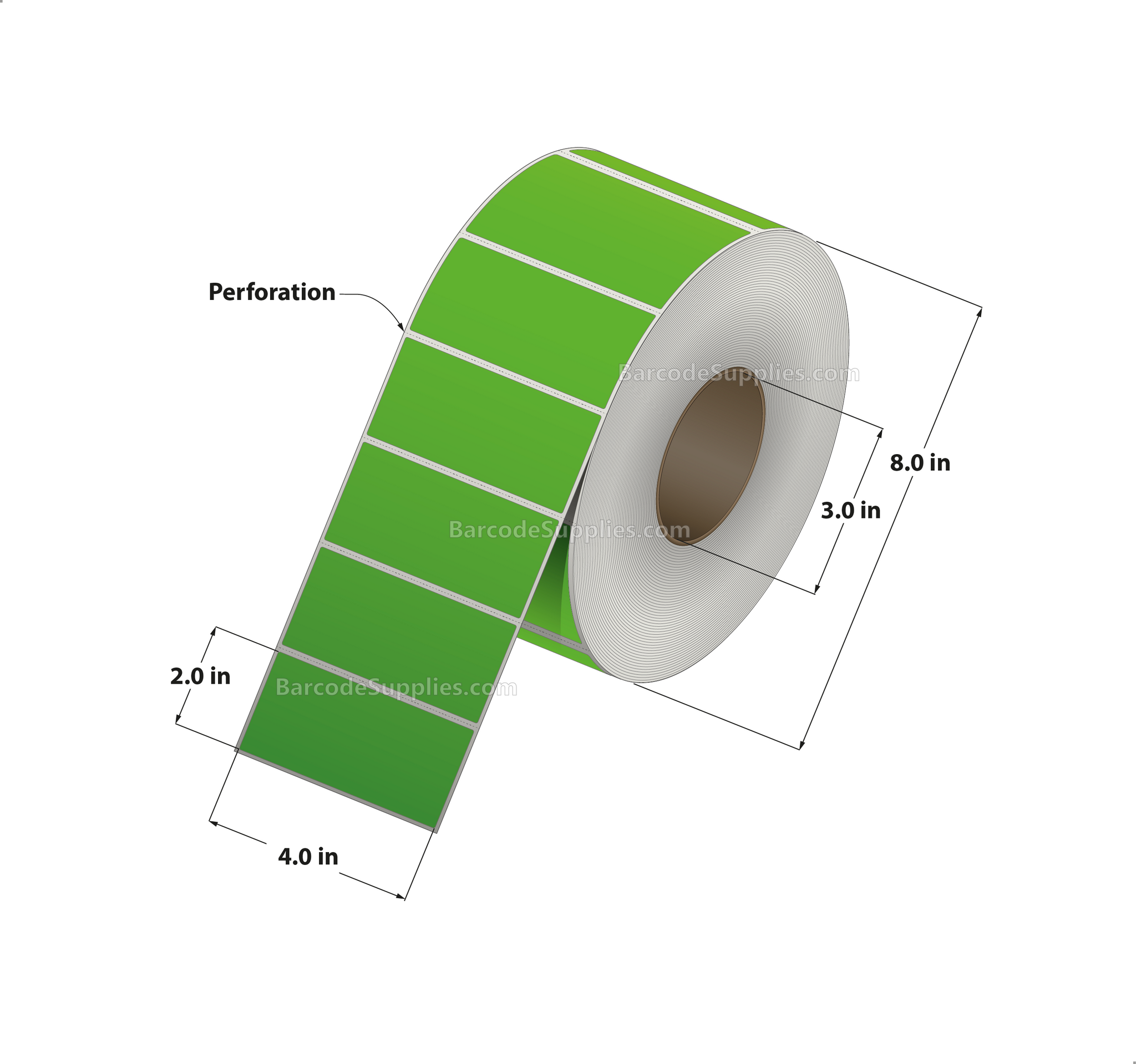 4 x 2 Thermal Transfer 345 Green Labels With Permanent Adhesive - Perforated - 2900 Labels Per Roll - Carton Of 4 Rolls - 11600 Labels Total - MPN: RFC-4-2-2900-GR