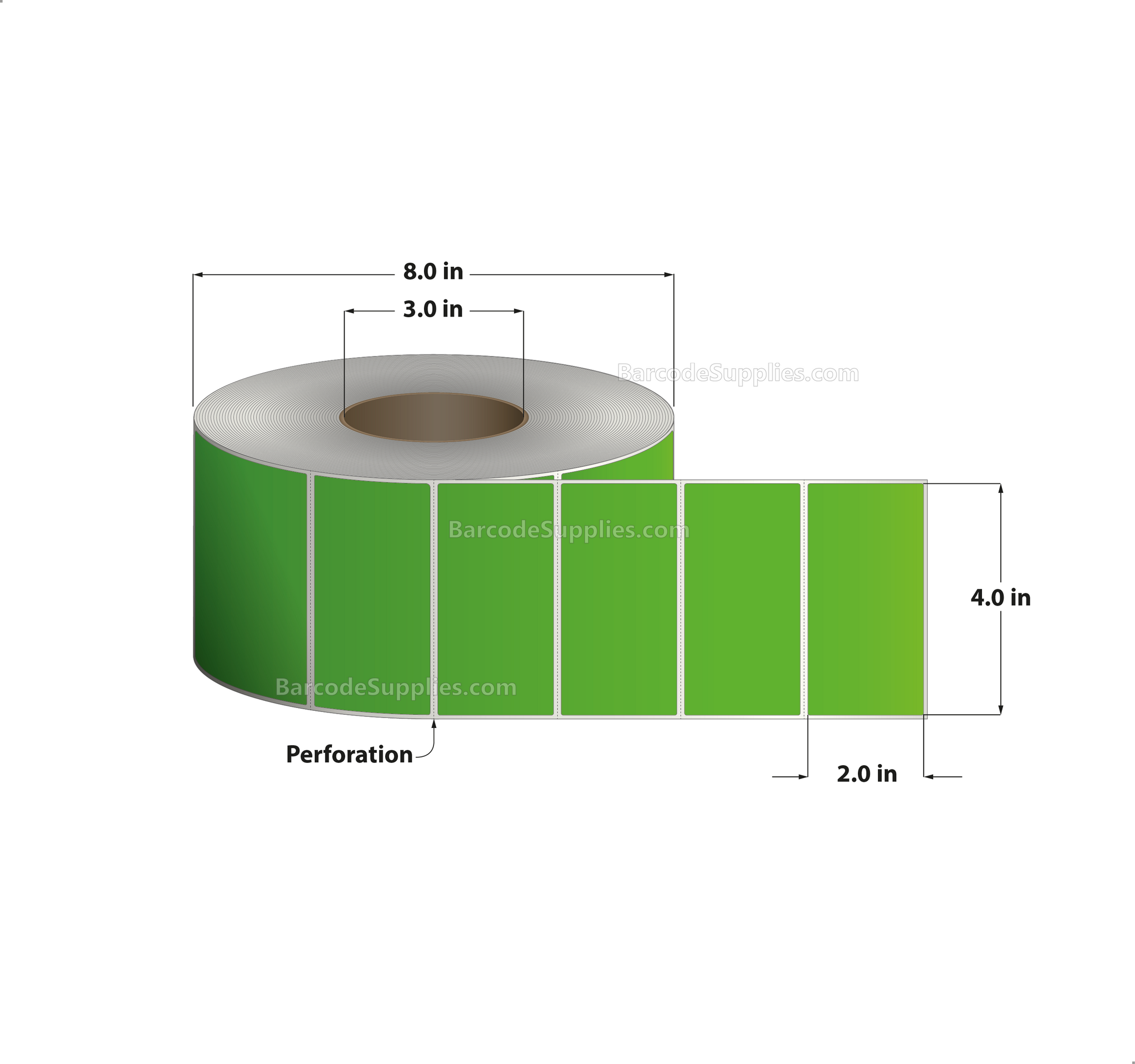 4 x 2 Thermal Transfer Fluorescent Green Labels With Permanent Acrylic Adhesive - Perforated - 3000 Labels Per Roll - Carton Of 4 Rolls - 12000 Labels Total - MPN: TH42-1PFG