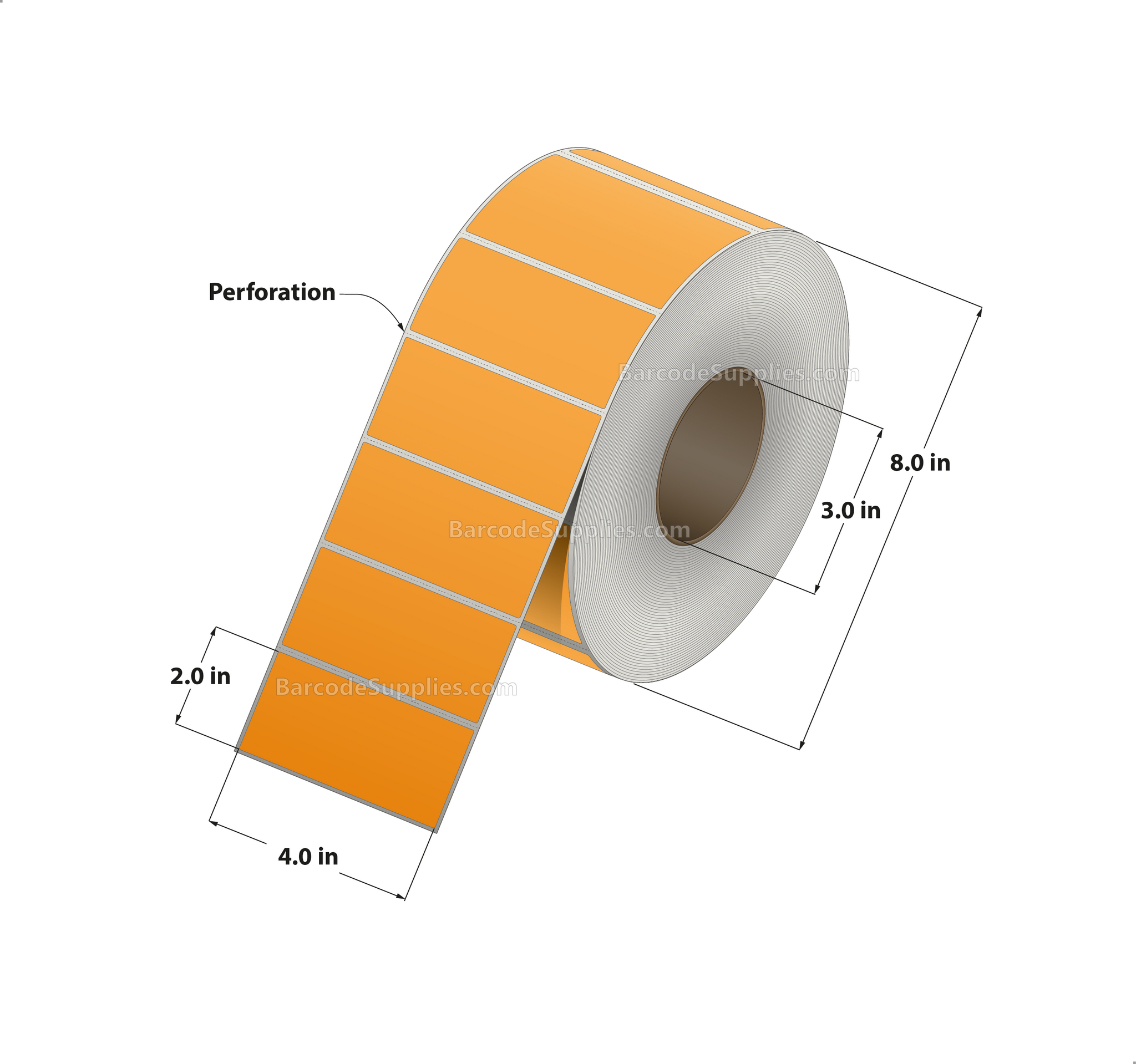 4 x 2 Thermal Transfer Fluorescent 804 Orange Labels With Permanent Adhesive - Perforated - 2900 Labels Per Roll - Carton Of 4 Rolls - 11600 Labels Total - MPN: FL-4-2-2900-OR