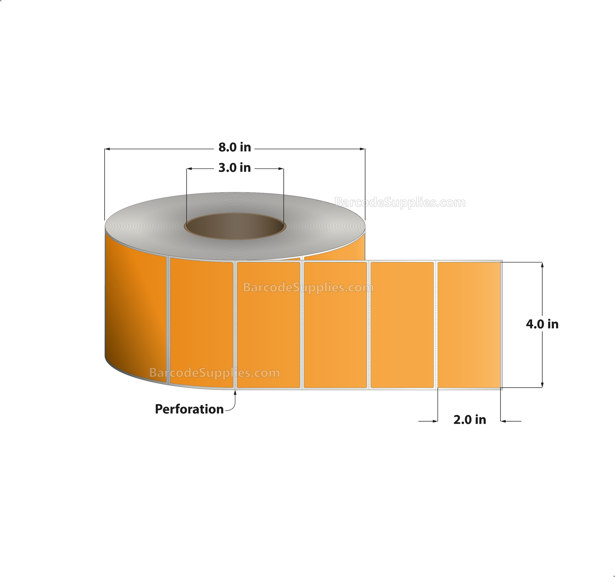 4 x 2 Thermal Transfer Fluorescent 804 Orange Labels With Permanent Adhesive - Perforated - 2900 Labels Per Roll - Carton Of 4 Rolls - 11600 Labels Total - MPN: FL-4-2-2900-OR