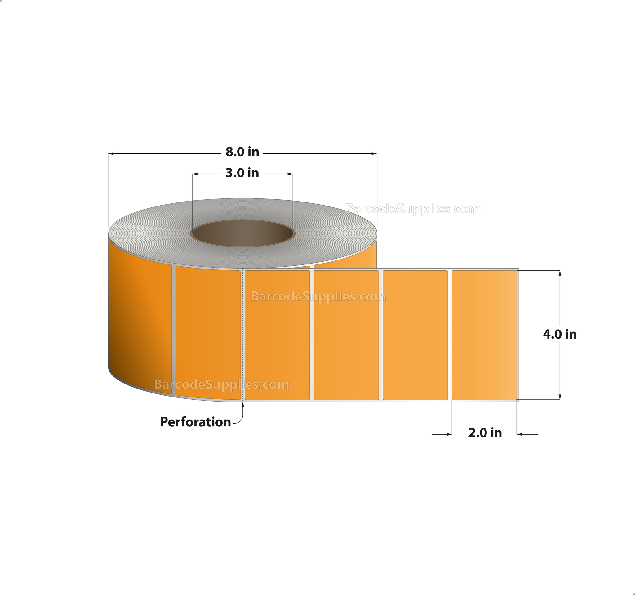 4 x 2 Thermal Transfer 136 Orange Labels With Permanent Acrylic Adhesive - Perforated - 3000 Labels Per Roll - Carton Of 4 Rolls - 12000 Labels Total - MPN: TH42-1PO