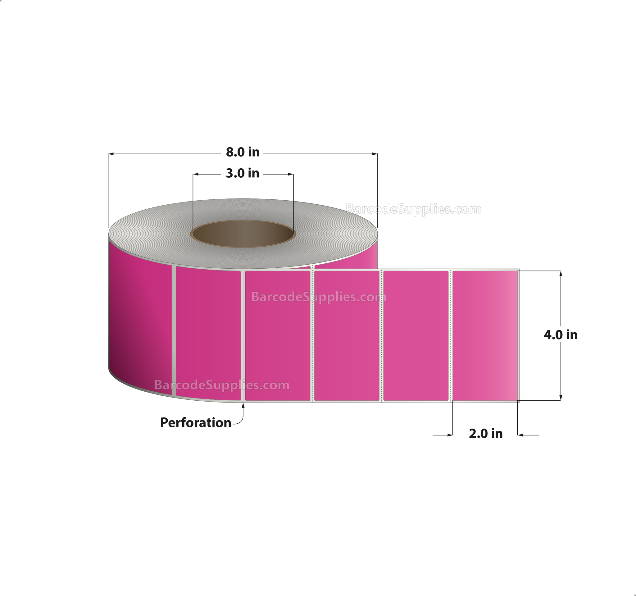 4 x 2 Thermal Transfer Fluorescent 806 Pink Labels With Permanent Adhesive - Perforated - 2900 Labels Per Roll - Carton Of 4 Rolls - 11600 Labels Total - MPN: FL-4-2-2900-PK