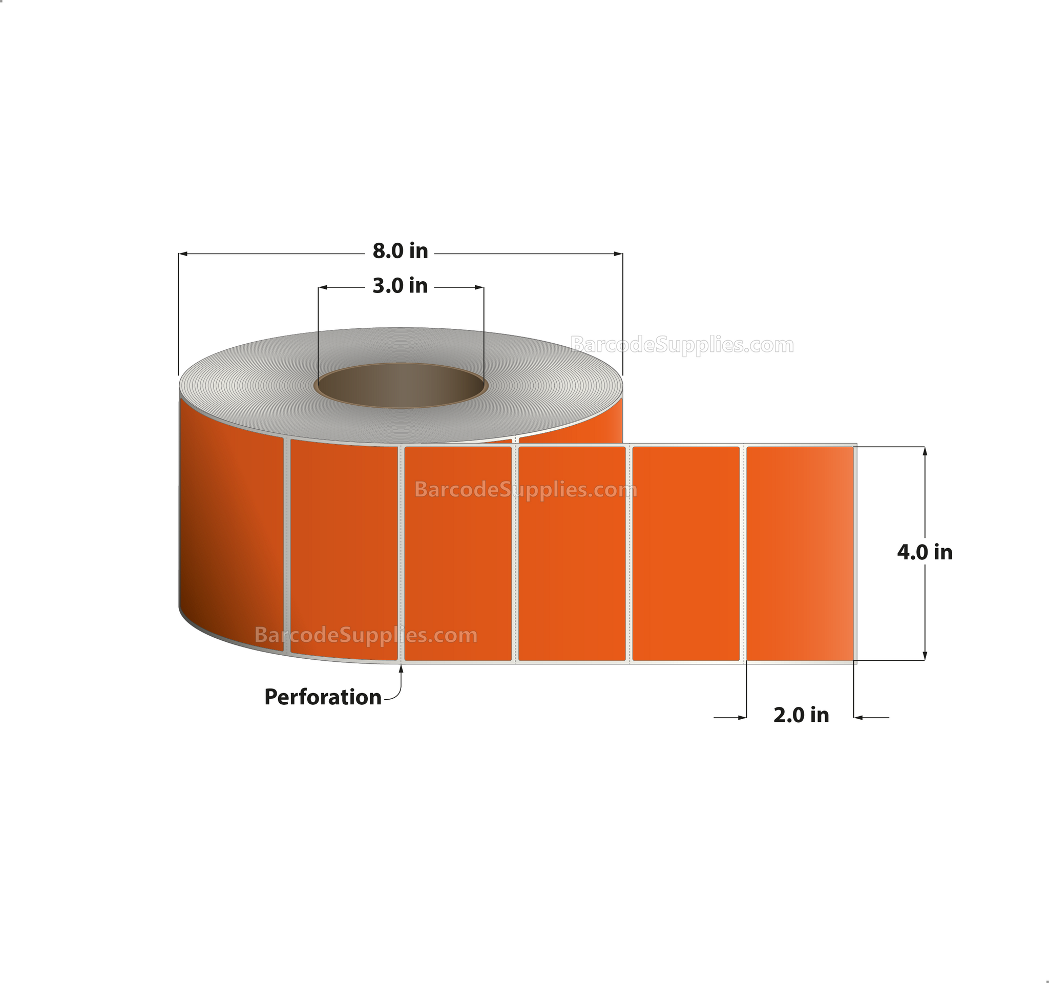 4 x 2 Direct Thermal Orange Labels With Acrylic Adhesive - Perforated - 2900 Labels Per Roll - Carton Of 4 Rolls - 11600 Labels Total - MPN: RD-4-2-2900-OR