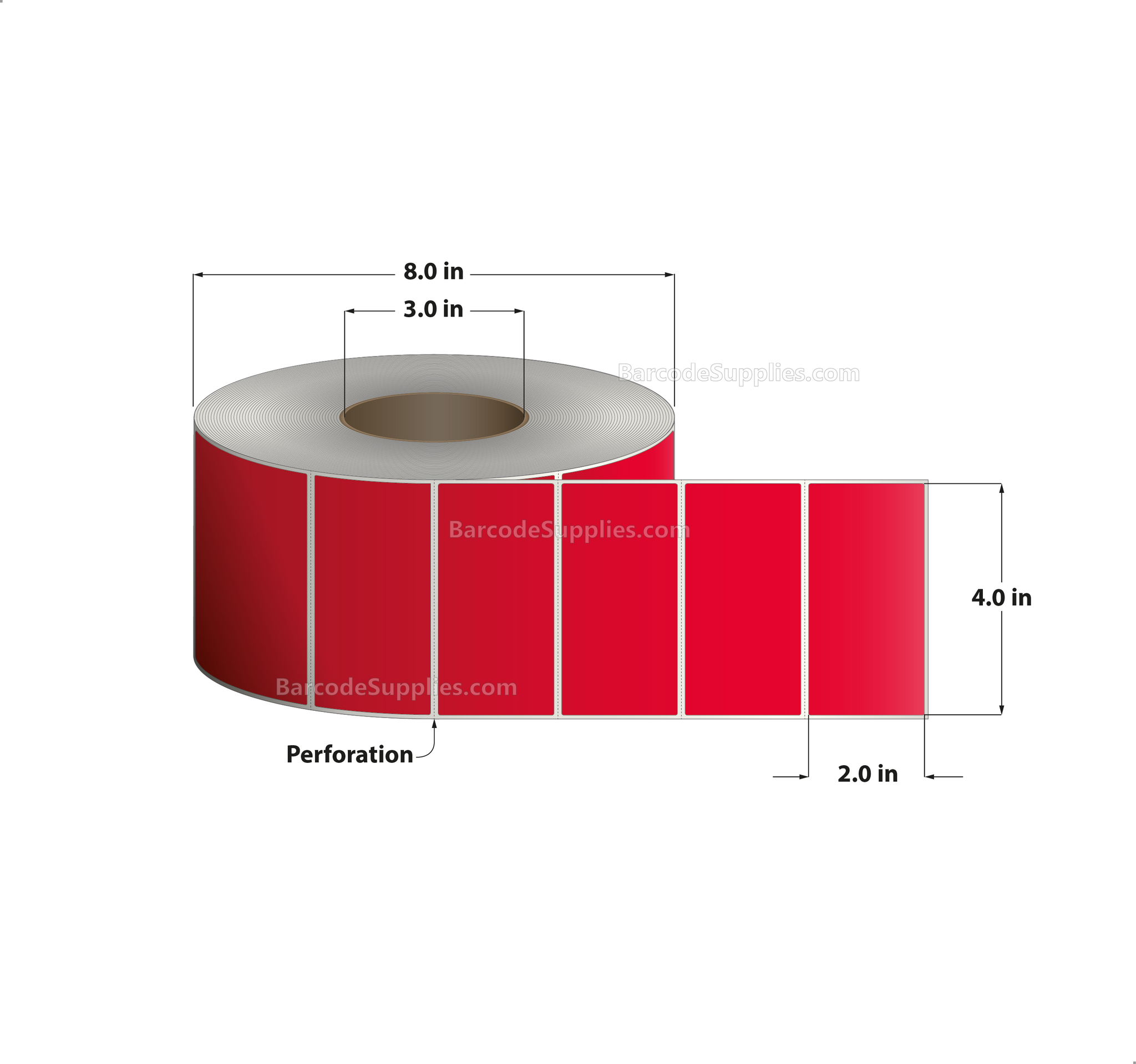 4 x 2 Direct Thermal Red Labels With Acrylic Adhesive - Perforated - 2900 Labels Per Roll - Carton Of 4 Rolls - 11600 Labels Total - MPN: RD-4-2-2900-RD