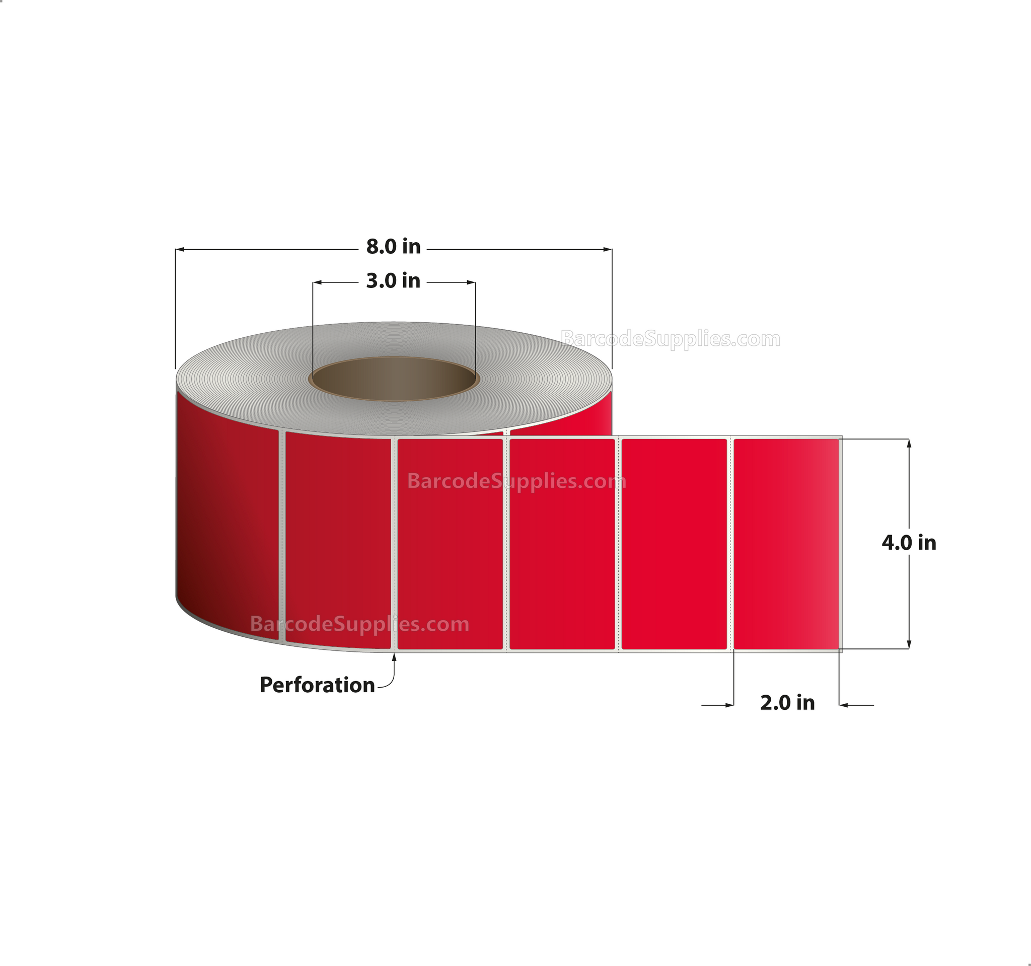 4 x 2 Thermal Transfer 032 Red Labels With Permanent Adhesive - Perforated - 2900 Labels Per Roll - Carton Of 4 Rolls - 11600 Labels Total - MPN: RFC-4-2-2900-RD