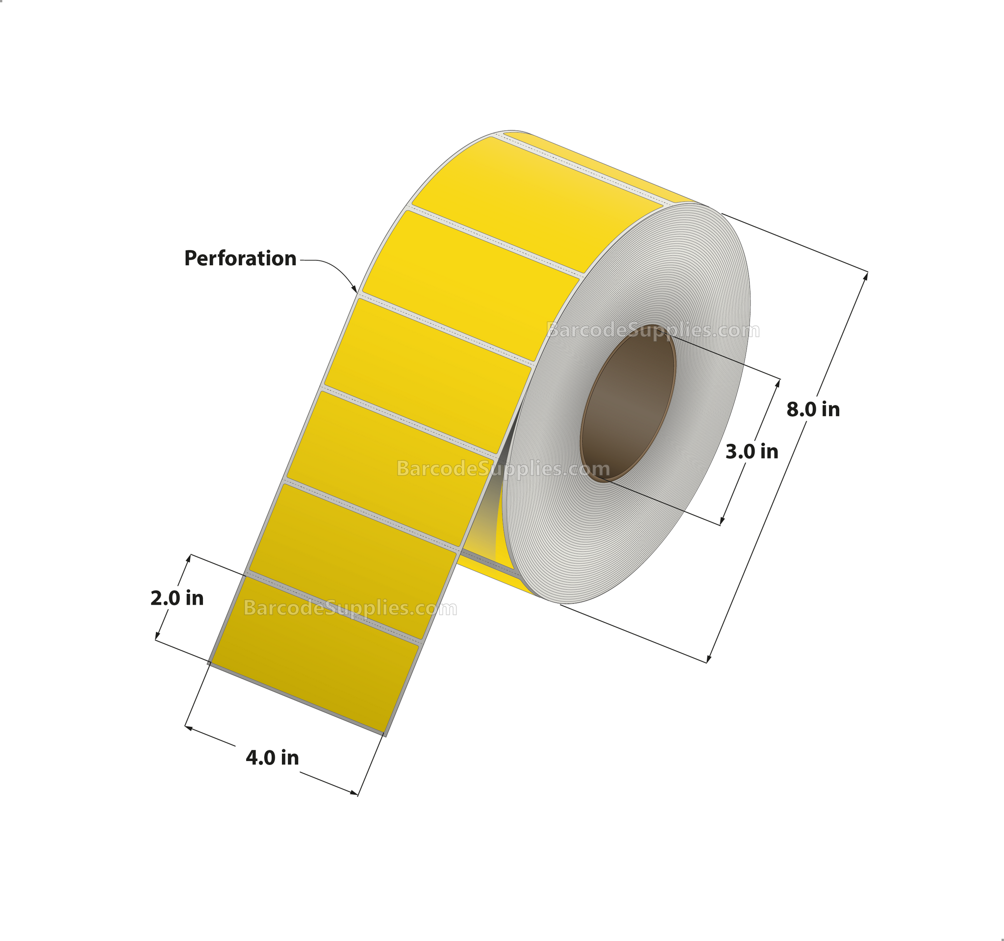 4 x 2 Direct Thermal Yellow Labels With Acrylic Adhesive - Perforated - 2900 Labels Per Roll - Carton Of 4 Rolls - 11600 Labels Total - MPN: RD-4-2-2900-YL