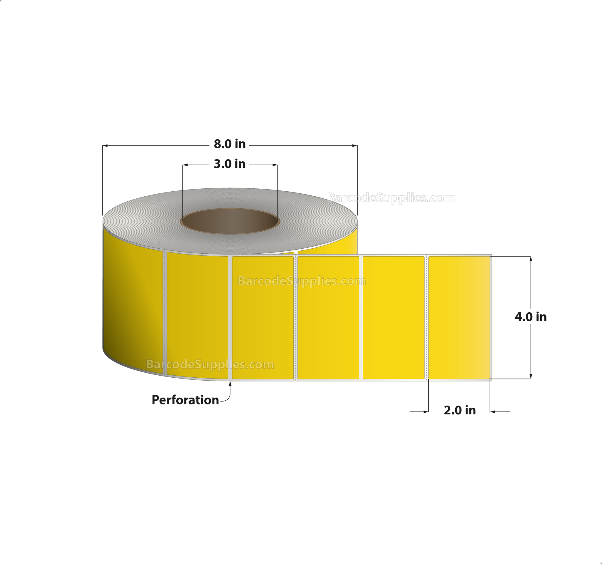 4 x 2 Direct Thermal Yellow Labels With Acrylic Adhesive - Perforated - 2900 Labels Per Roll - Carton Of 4 Rolls - 11600 Labels Total - MPN: RD-4-2-2900-YL