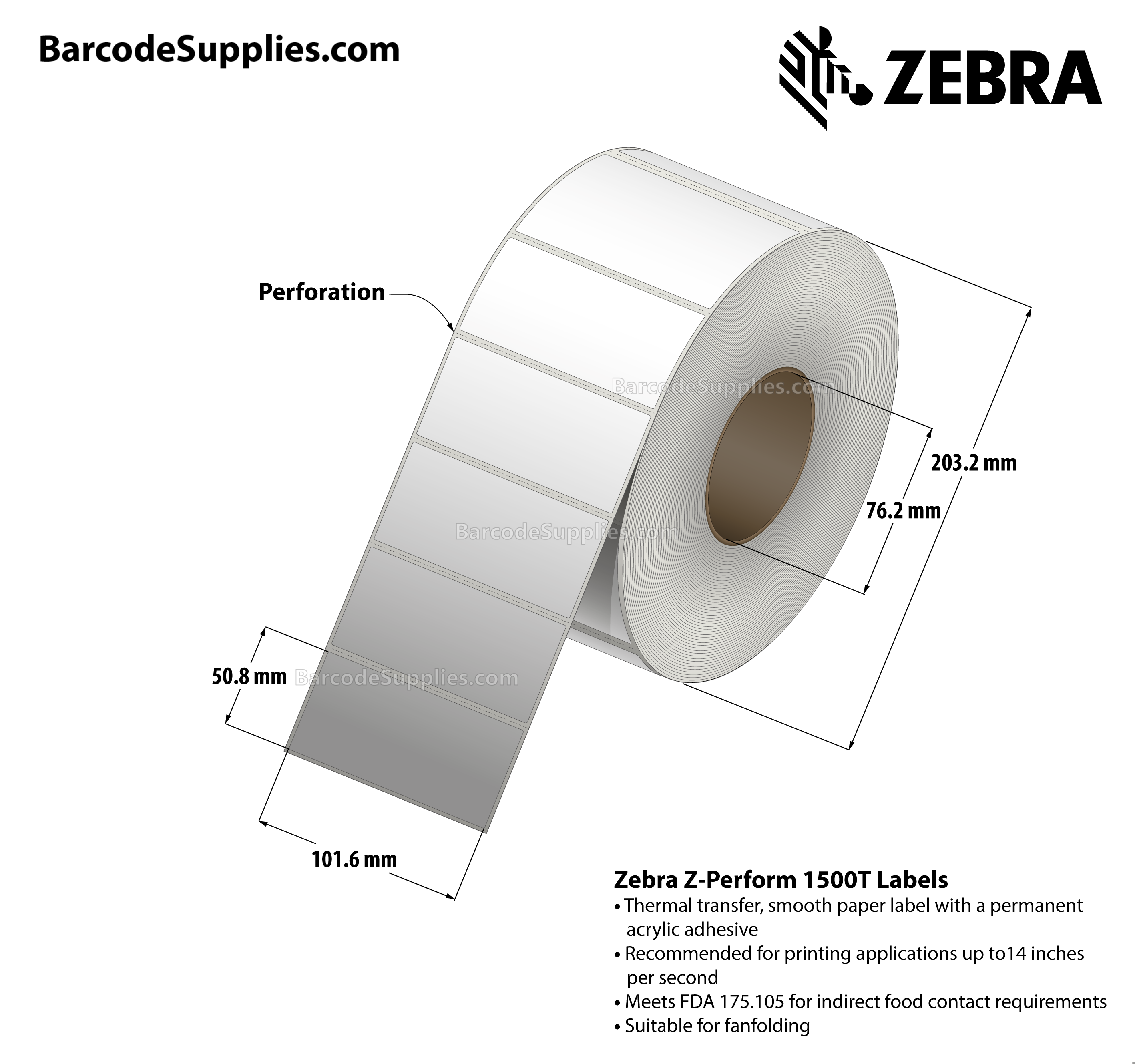 4 x 2 Thermal Transfer White Z-Perform 1500T Labels With Permanent Adhesive - Perforated - 3000 Labels Per Roll - Carton Of 4 Rolls - 12000 Labels Total - MPN: 10018351