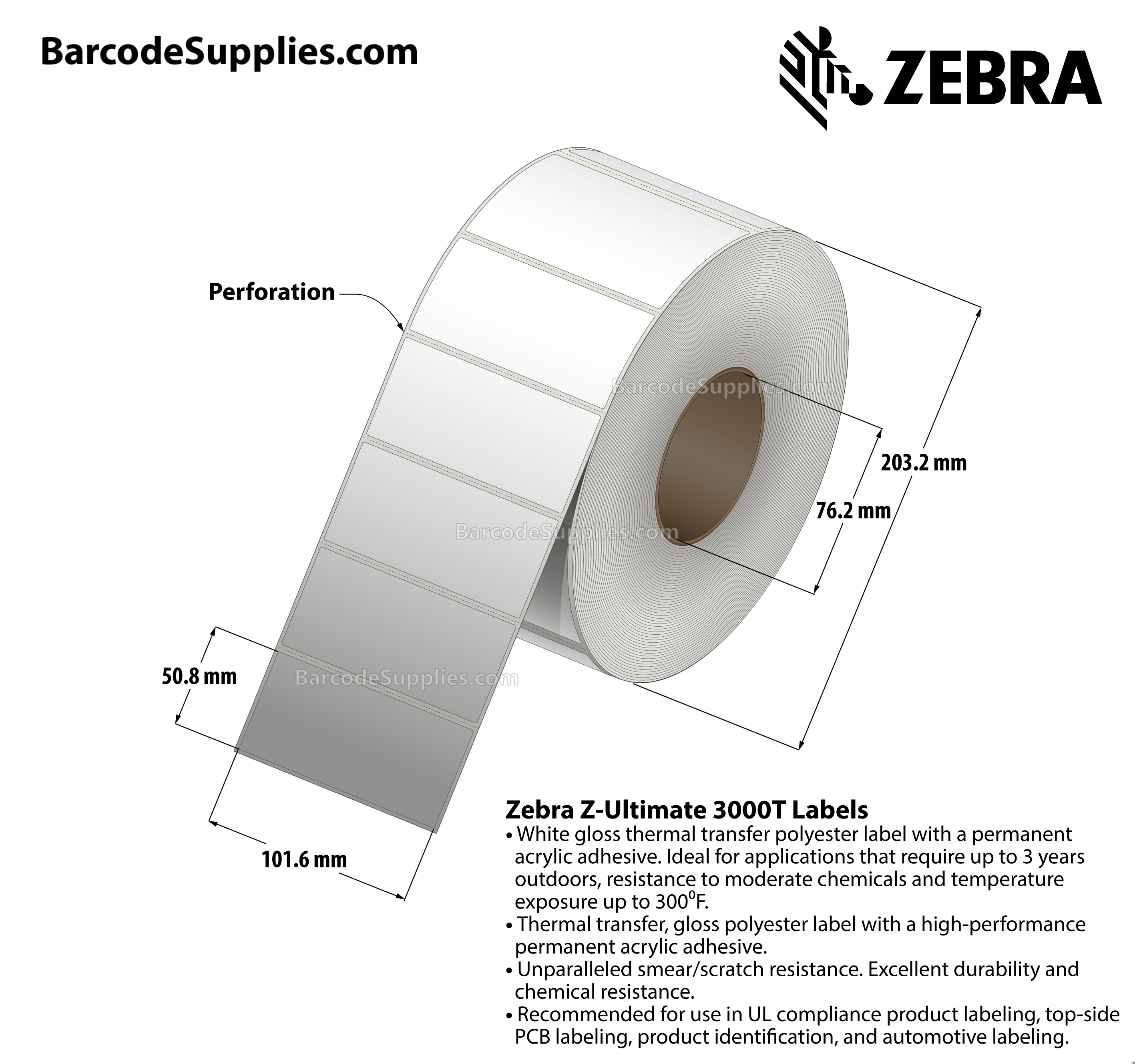 4 x 2 Thermal Transfer White Z-Ultimate 3000T Labels With Permanent Adhesive - Perforated - 2950 Labels Per Roll - Carton Of 4 Rolls - 11800 Labels Total - MPN: 18951