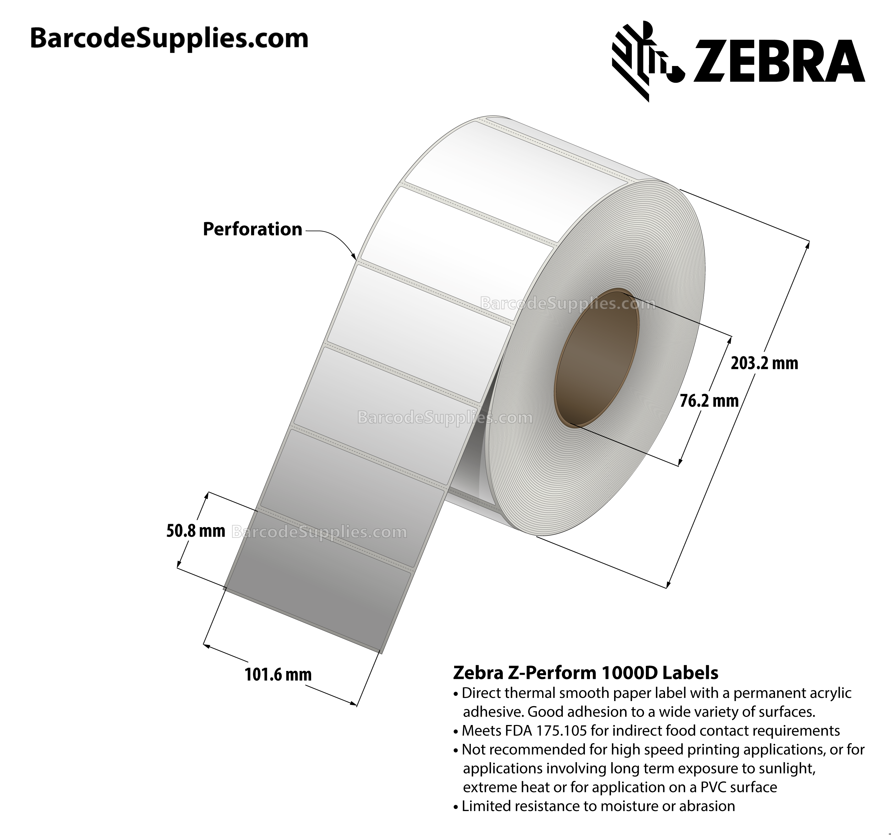 4 x 2 Direct Thermal White Z-Perform 1000D Labels With Permanent Adhesive - Perforated - 2760 Labels Per Roll - Carton Of 4 Rolls - 11040 Labels Total - MPN: 10003051