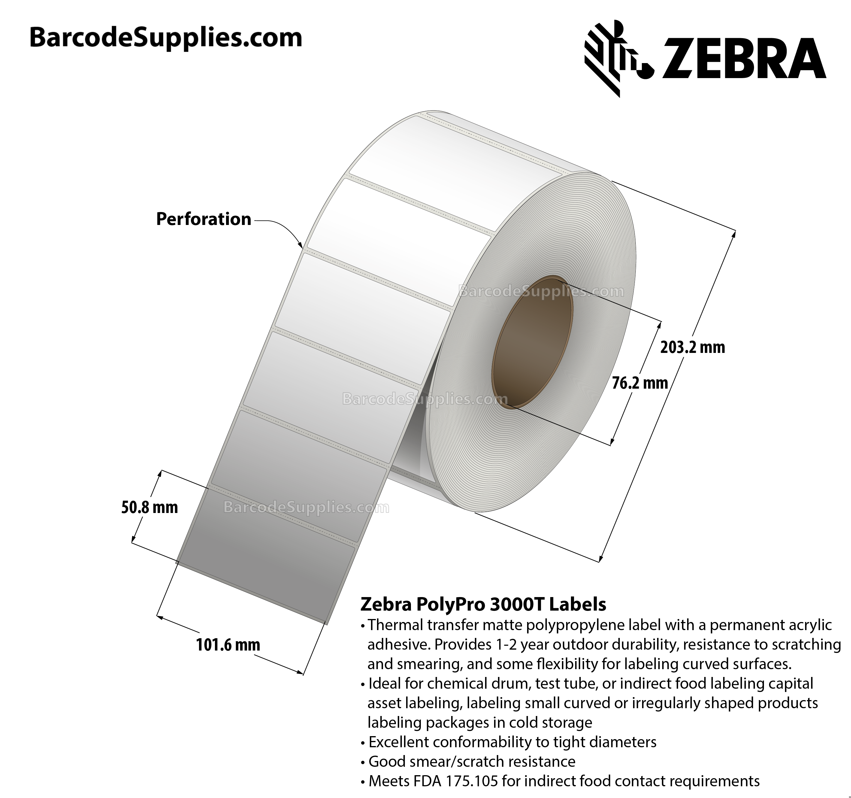 4 x 2 Thermal Transfer White PolyPro 3000T Labels With Permanent Adhesive - Perforated - 2441 Labels Per Roll - Carton Of 4 Rolls - 9764 Labels Total - MPN: 10011994