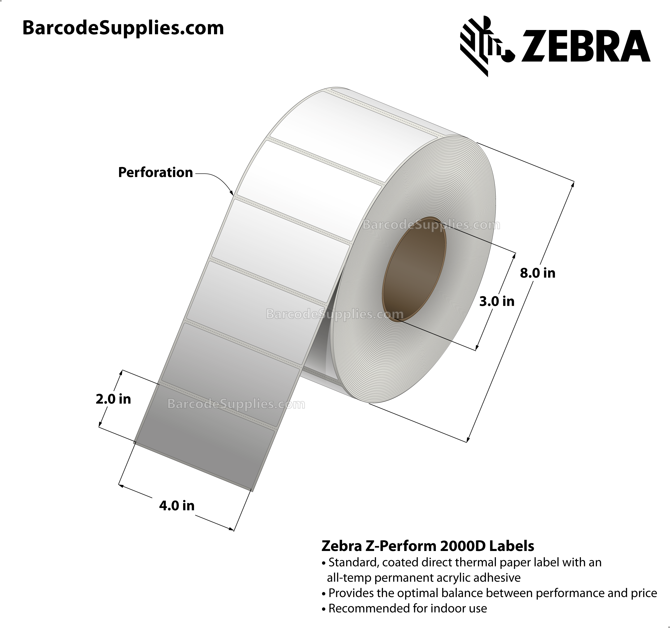 4 x 2 Direct Thermal White Z-Perform 2000D Labels With All-Temp Adhesive - Perforated - 2719 Labels Per Roll - Carton Of 4 Rolls - 10876 Labels Total - MPN: 10015365