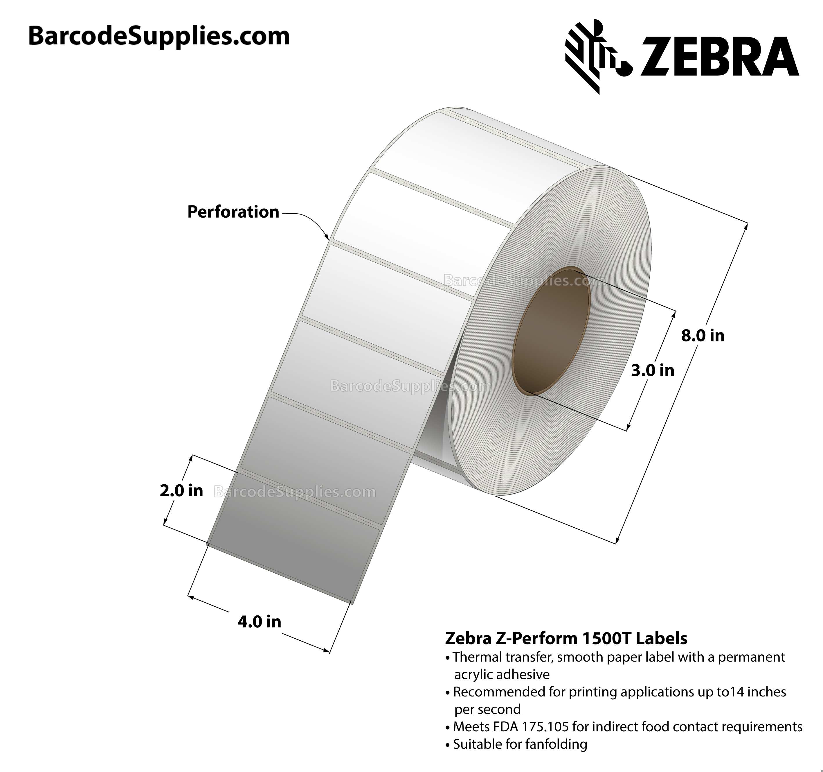 4 x 2 Thermal Transfer White Z-Perform 1500T Labels With Permanent Adhesive - Perforated - 3000 Labels Per Roll - Carton Of 4 Rolls - 12000 Labels Total - MPN: 10018351