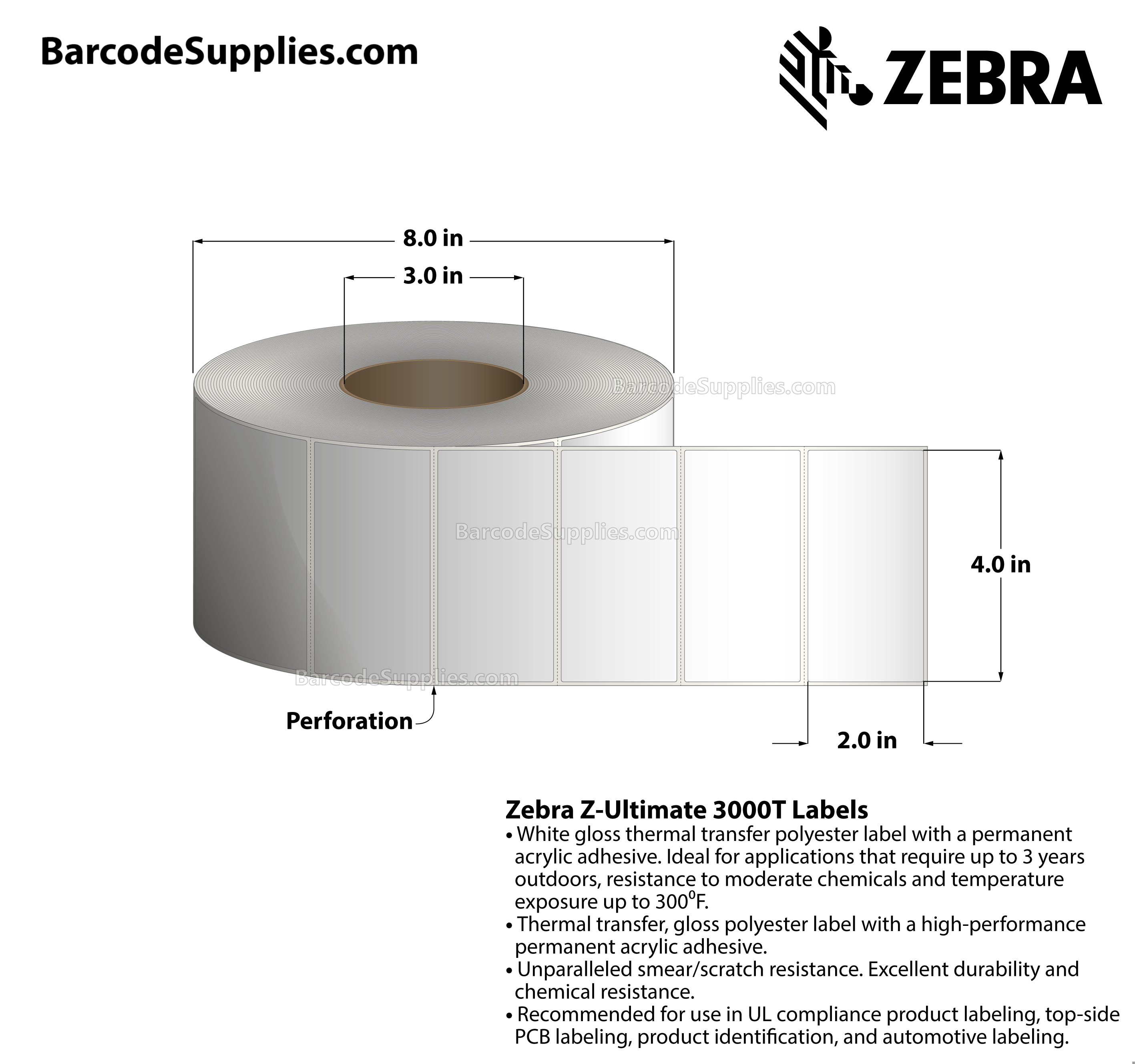 4 x 2 Thermal Transfer White Z-Ultimate 3000T Labels With Permanent Adhesive - Perforated - 2950 Labels Per Roll - Carton Of 4 Rolls - 11800 Labels Total - MPN: 18951