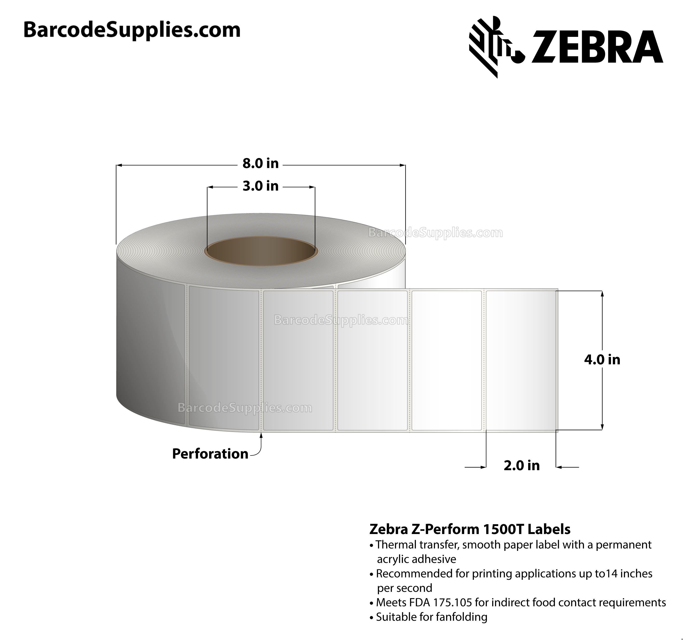 4 x 2 Thermal Transfer White Z-Perform 1500T Labels With Permanent Adhesive - Perforated - 3000 Labels Per Roll - Carton Of 4 Rolls - 12000 Labels Total - MPN: 10018351