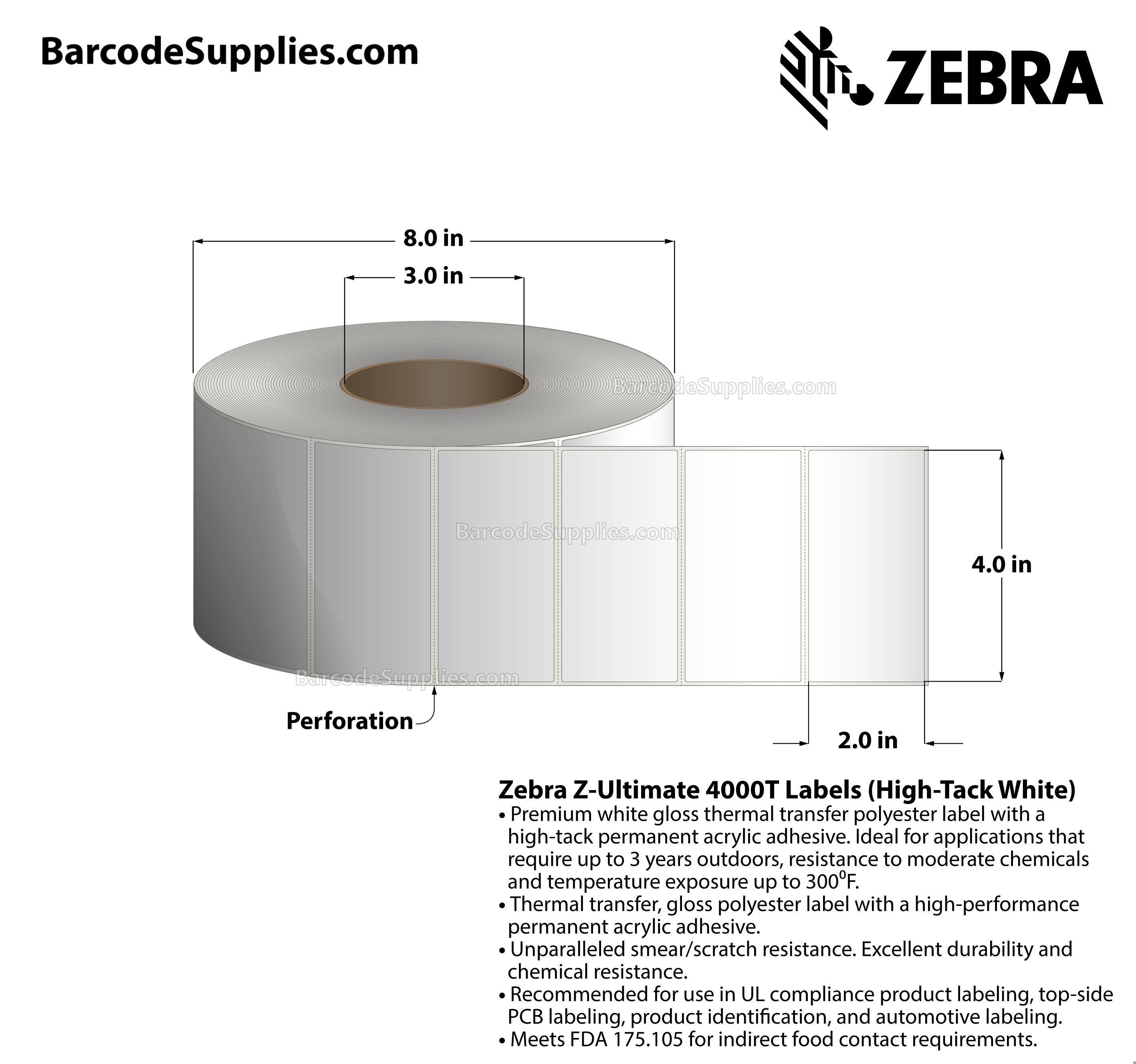 4 x 2 Thermal Transfer White Z-Ultimate 4000T High-Tack White Labels With High-tack Adhesive - Perforated - 1000 Labels Per Roll - Carton Of 1 Rolls - 1000 Labels Total - MPN: 10023060