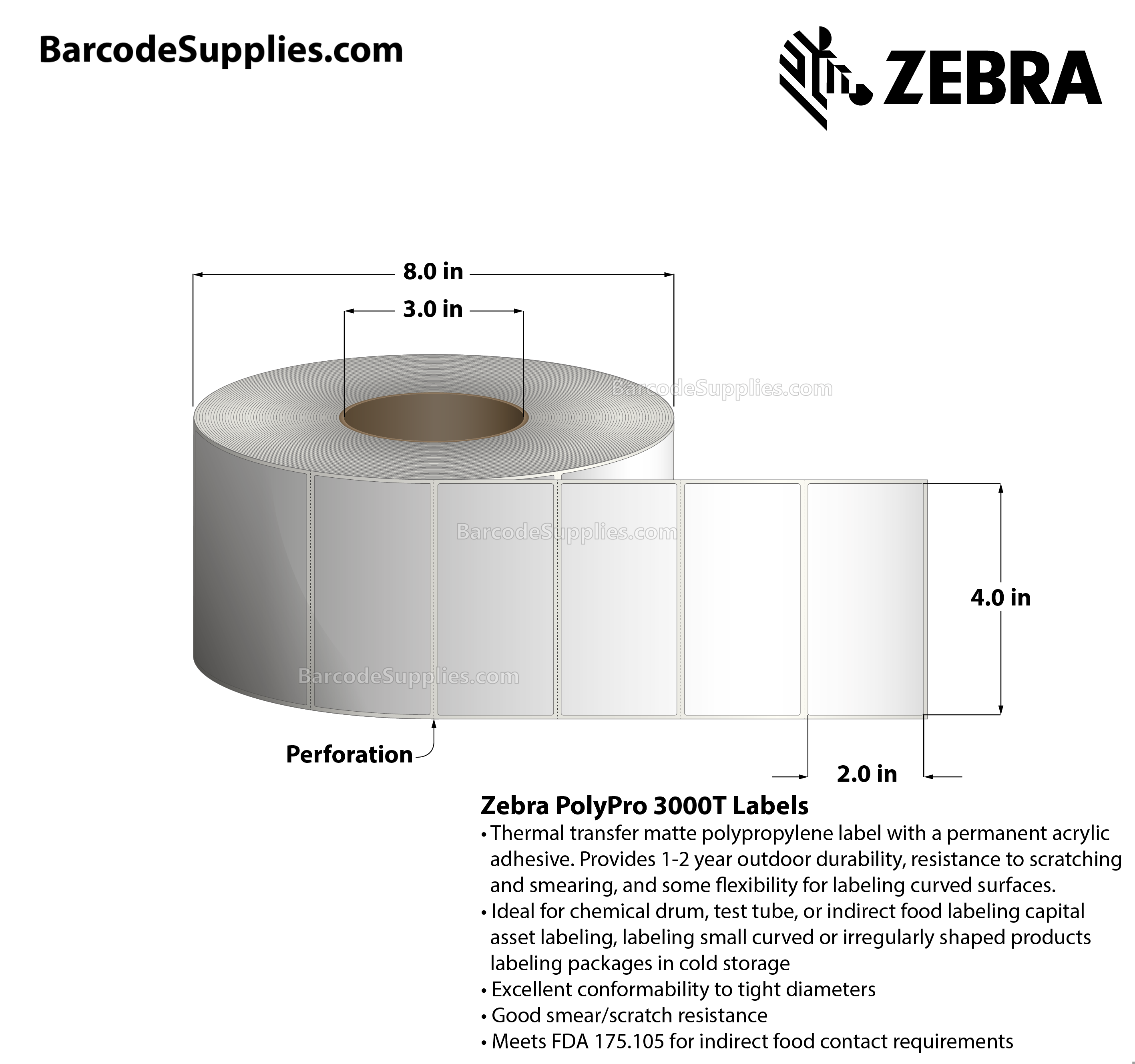 4 x 2 Thermal Transfer White PolyPro 3000T Labels With Permanent Adhesive - Perforated - 2441 Labels Per Roll - Carton Of 4 Rolls - 9764 Labels Total - MPN: 10011994