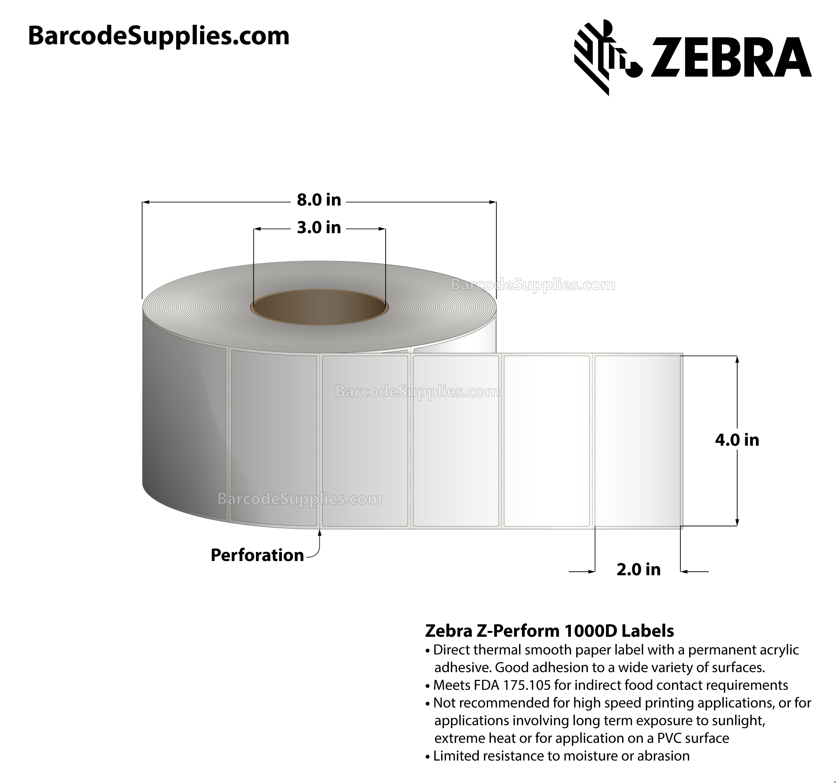 4 x 2 Direct Thermal White Z-Perform 1000D Labels With Permanent Adhesive - Perforated - 2760 Labels Per Roll - Carton Of 4 Rolls - 11040 Labels Total - MPN: 10003051