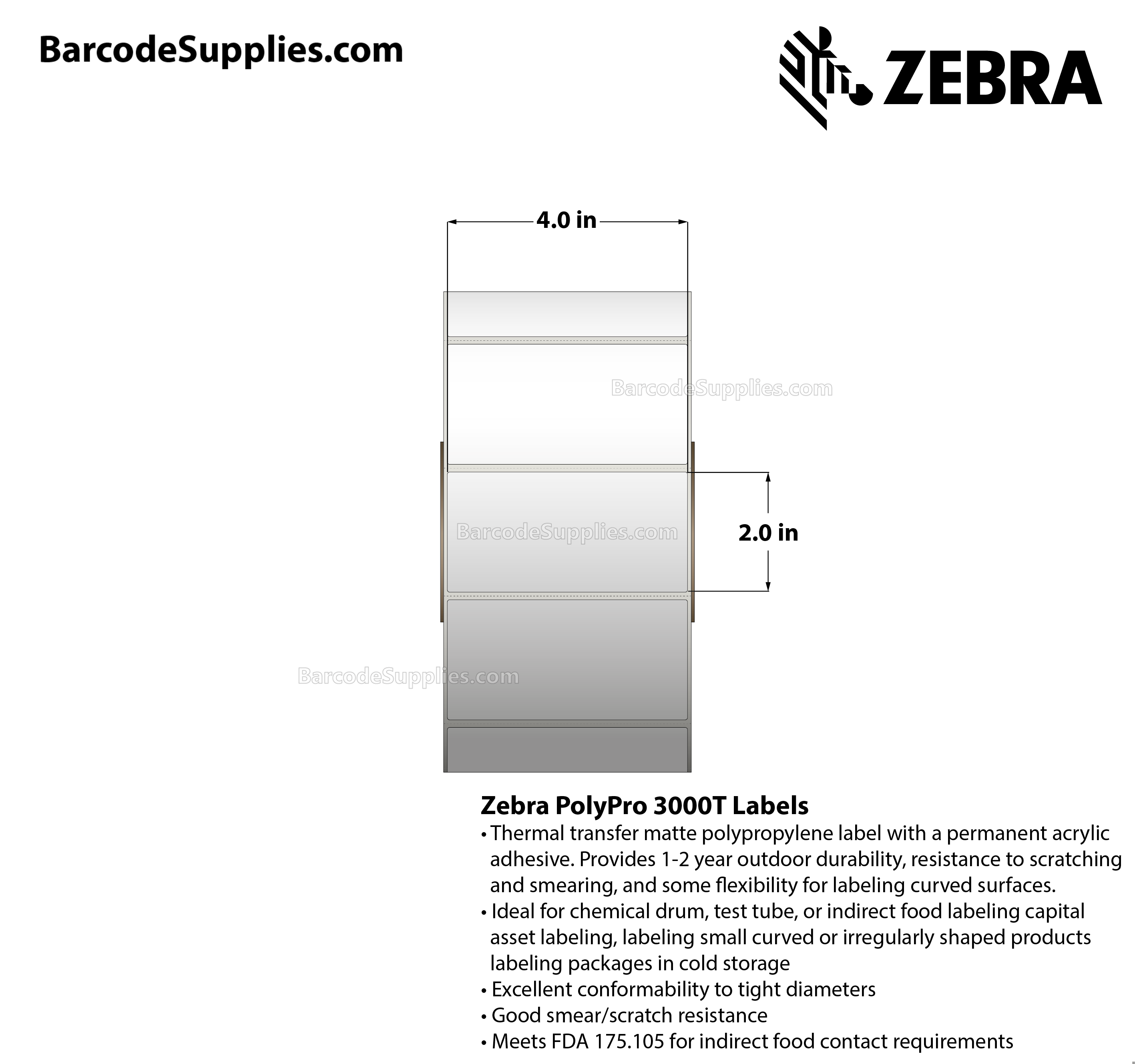 4 x 2 Thermal Transfer White PolyPro 3000T Labels With Permanent Adhesive - Perforated - 2441 Labels Per Roll - Carton Of 4 Rolls - 9764 Labels Total - MPN: 10011994