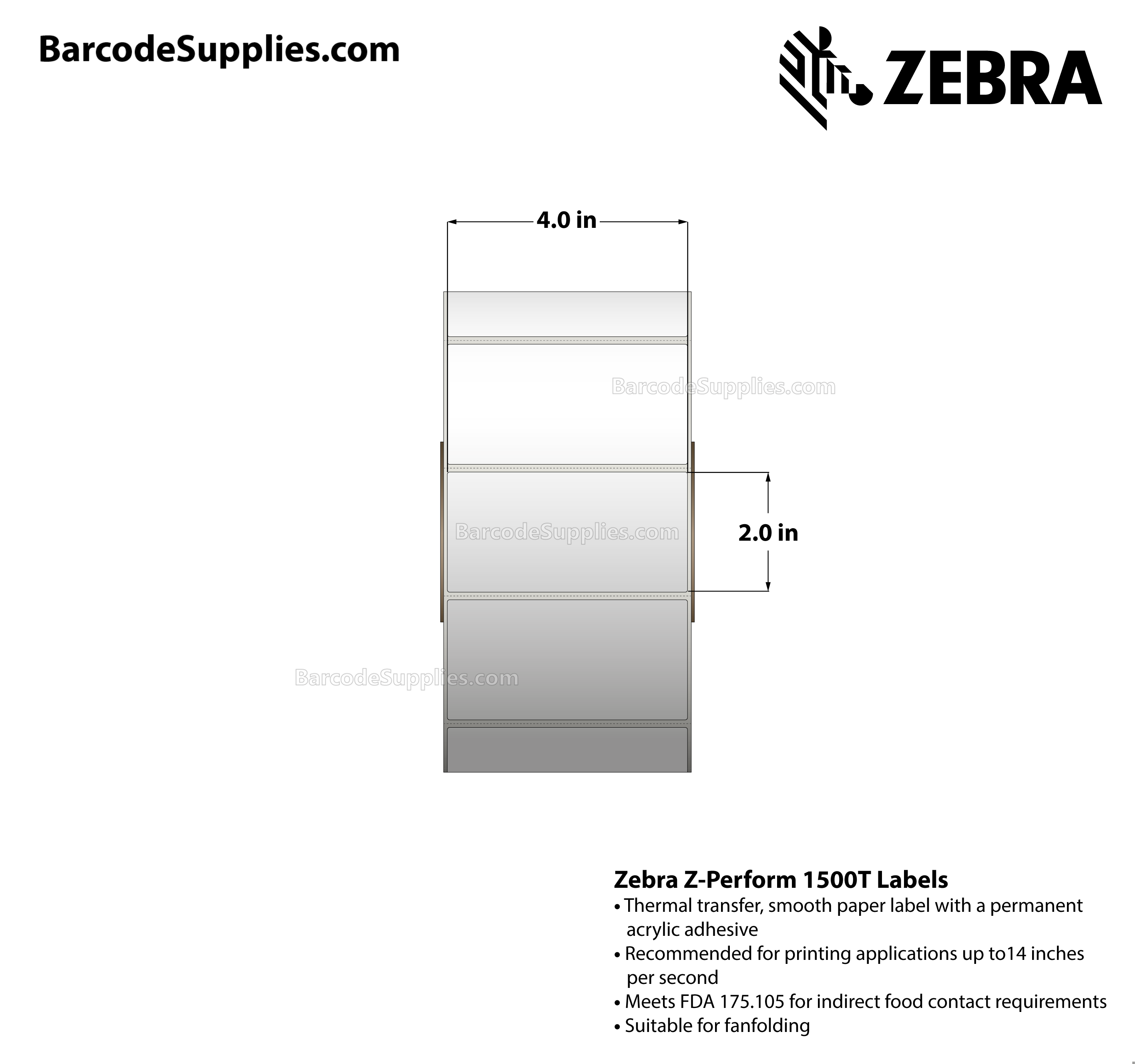 4 x 2 Thermal Transfer White Z-Perform 1500T Labels With Permanent Adhesive - Perforated - 3000 Labels Per Roll - Carton Of 4 Rolls - 12000 Labels Total - MPN: 10018351