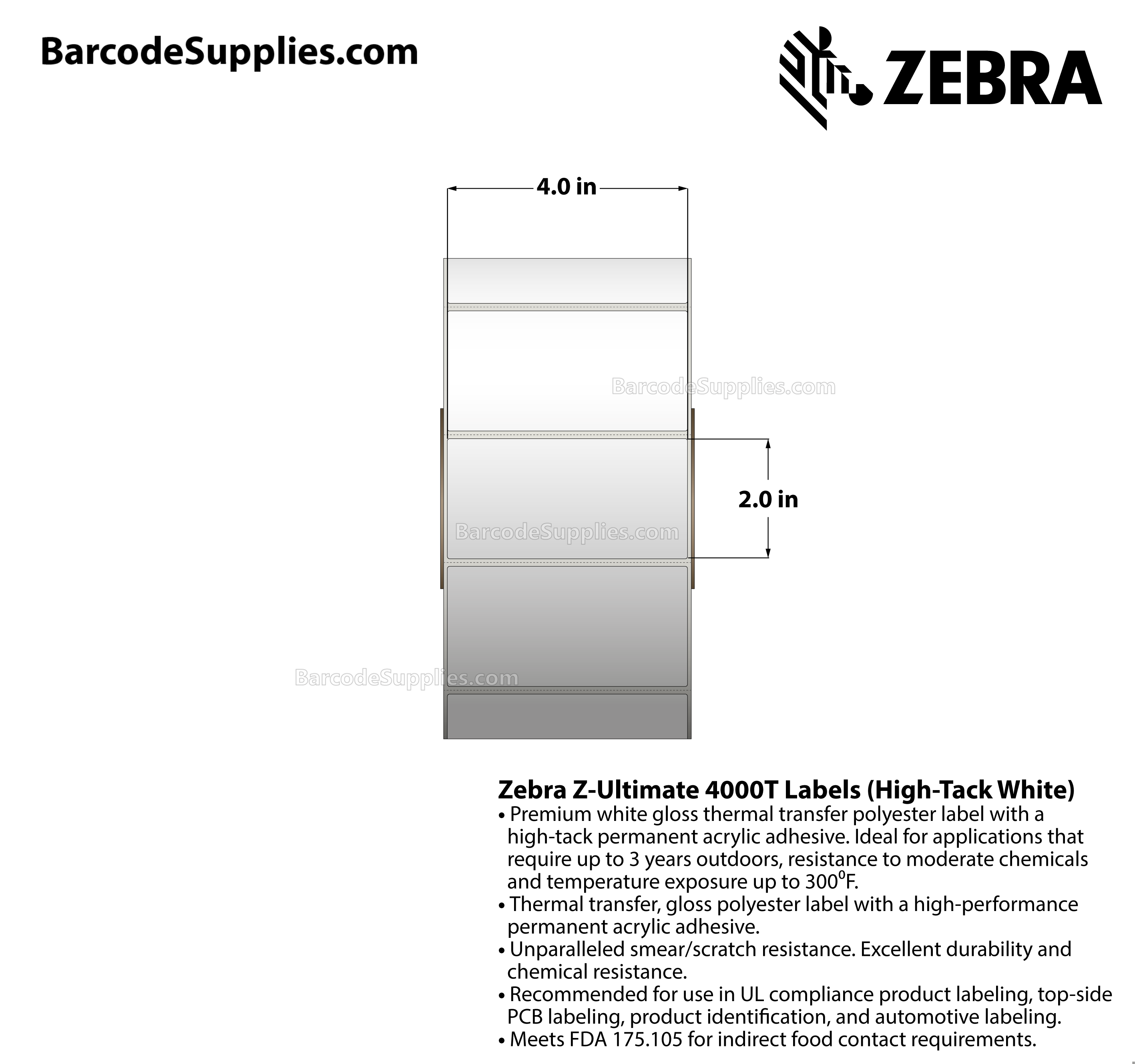 4 x 2 Thermal Transfer White Z-Ultimate 4000T High-Tack White Labels With High-tack Adhesive - Perforated - 1000 Labels Per Roll - Carton Of 1 Rolls - 1000 Labels Total - MPN: 10023060