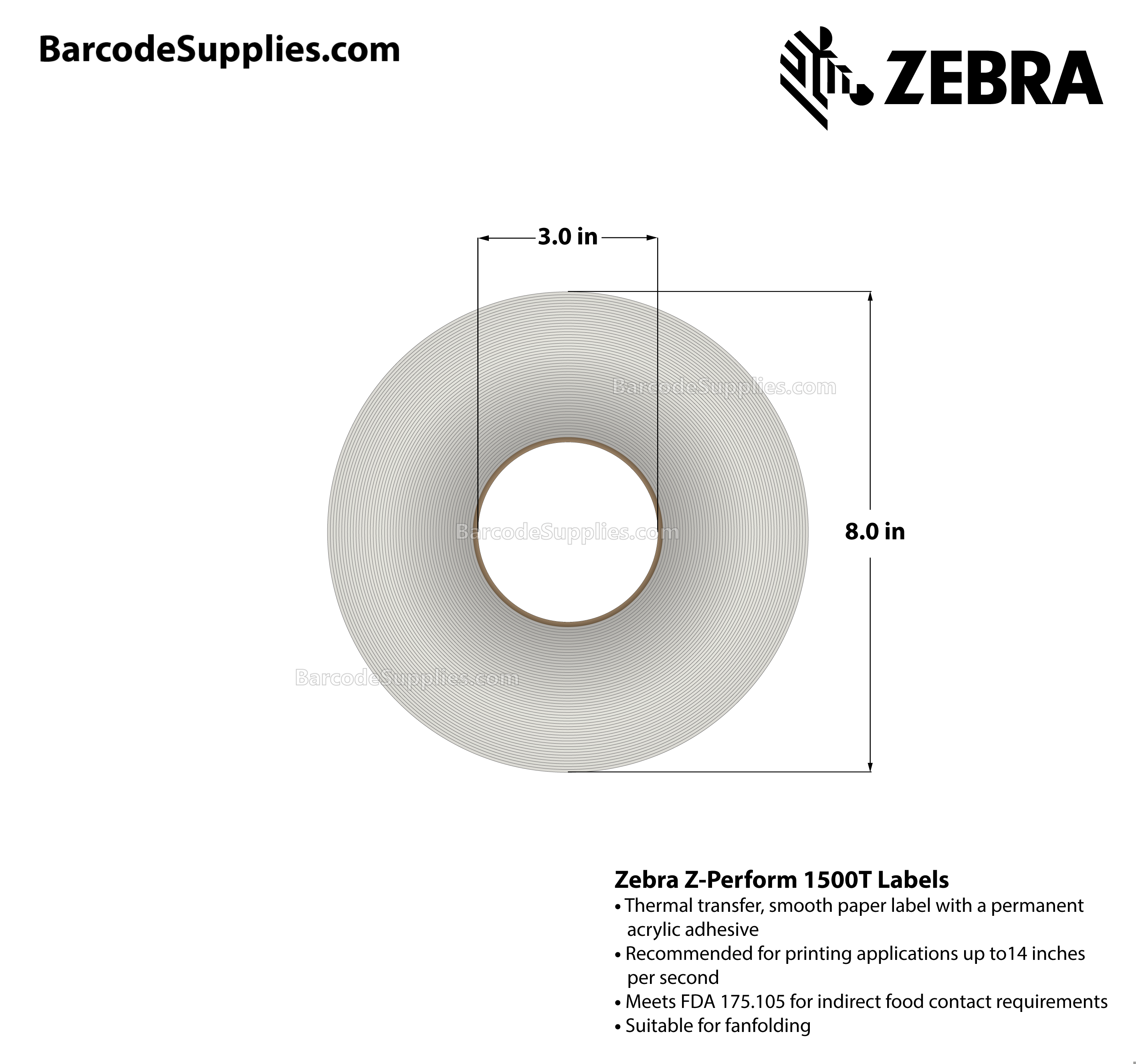 4 x 2 Thermal Transfer White Z-Perform 1500T Labels With Permanent Adhesive - Perforated - 3000 Labels Per Roll - Carton Of 4 Rolls - 12000 Labels Total - MPN: 10018351