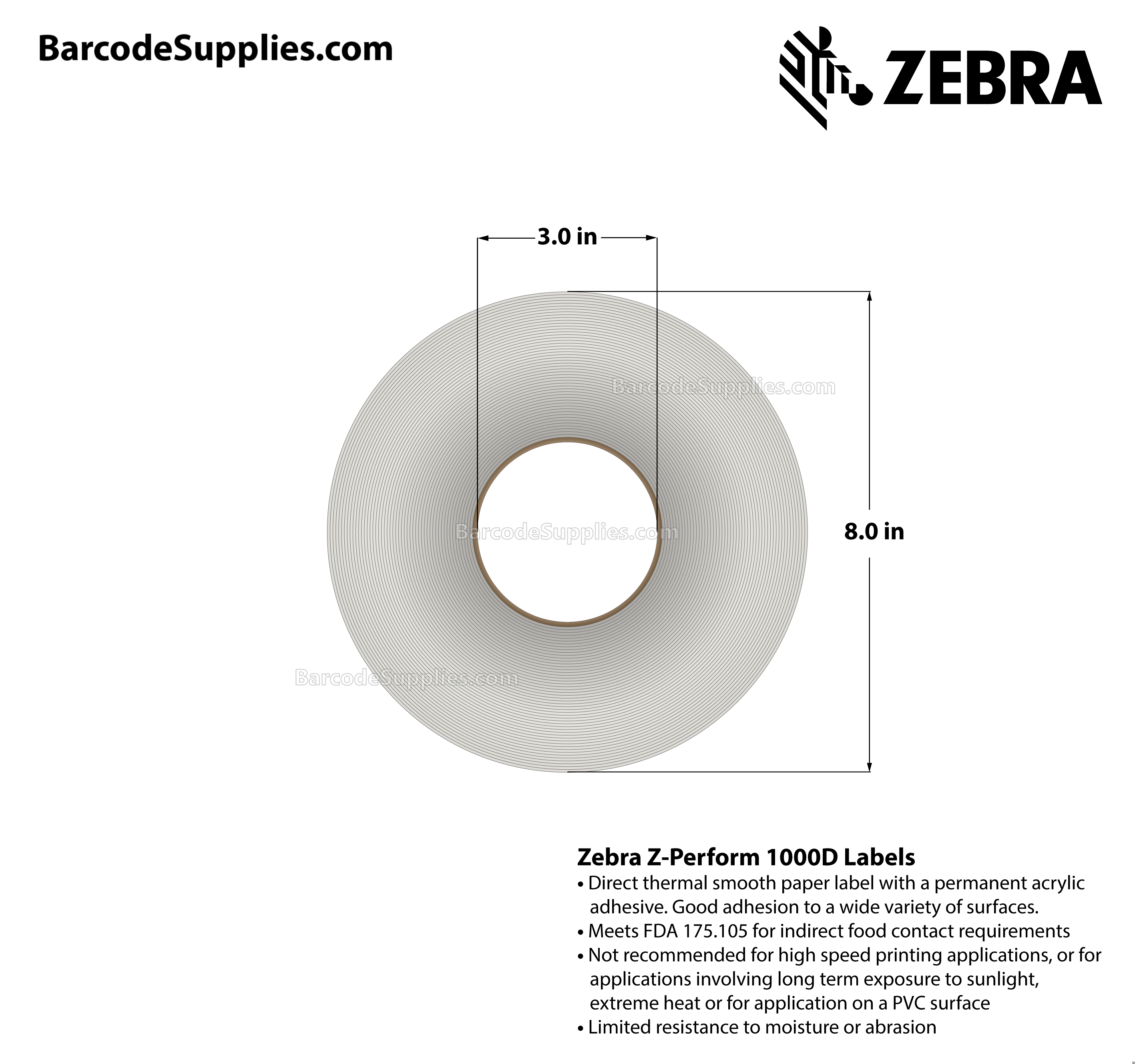 4 x 2 Direct Thermal White Z-Perform 1000D Labels With Permanent Adhesive - Perforated - 2760 Labels Per Roll - Carton Of 4 Rolls - 11040 Labels Total - MPN: 10003051