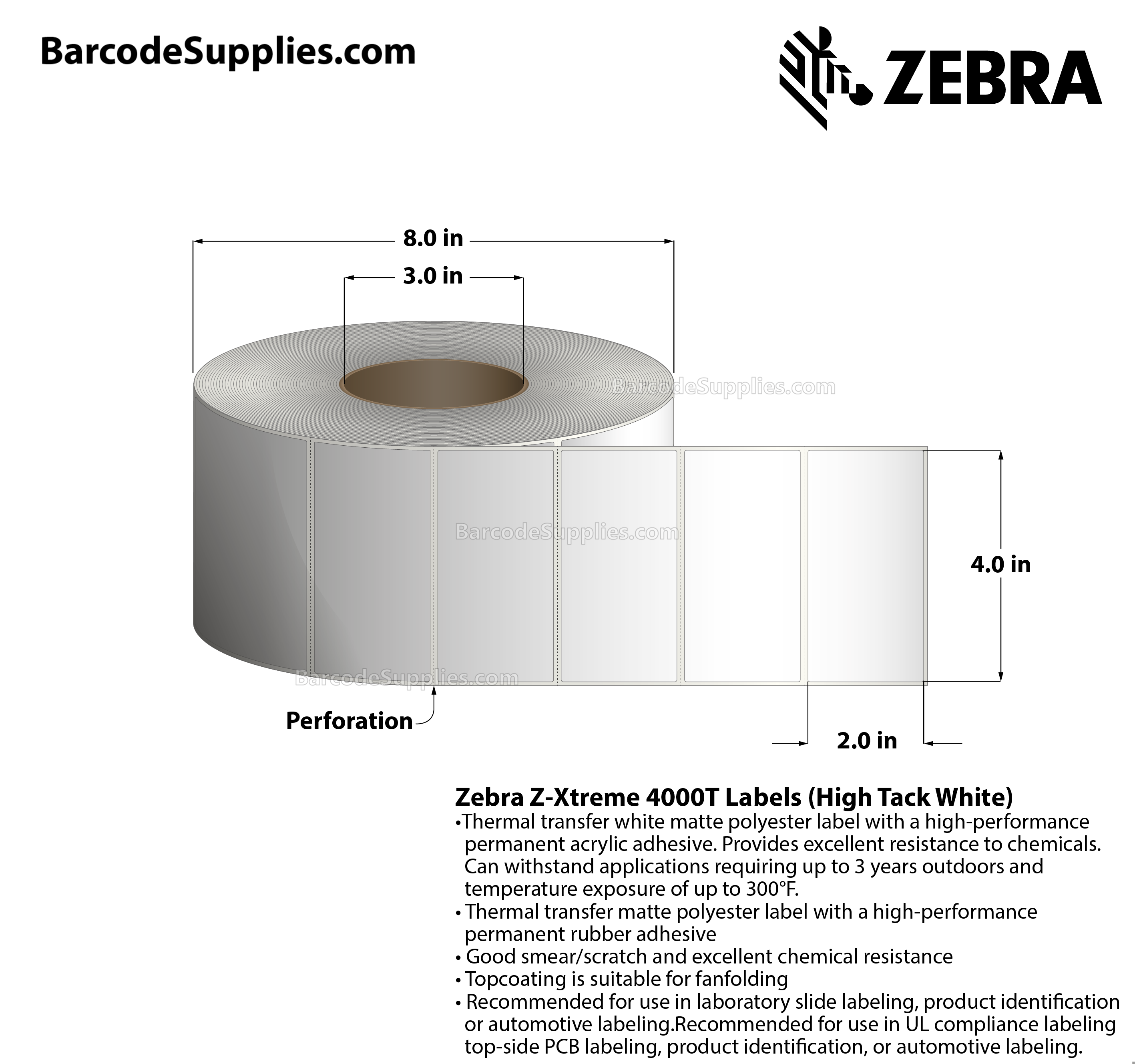 4 x 2 Thermal Transfer White Z-Xtreme 4000T High-Tack White Labels With High-tack Adhesive - Perforated - 1000 Labels Per Roll - Carton Of 1 Rolls - 1000 Labels Total - MPN: 10023232