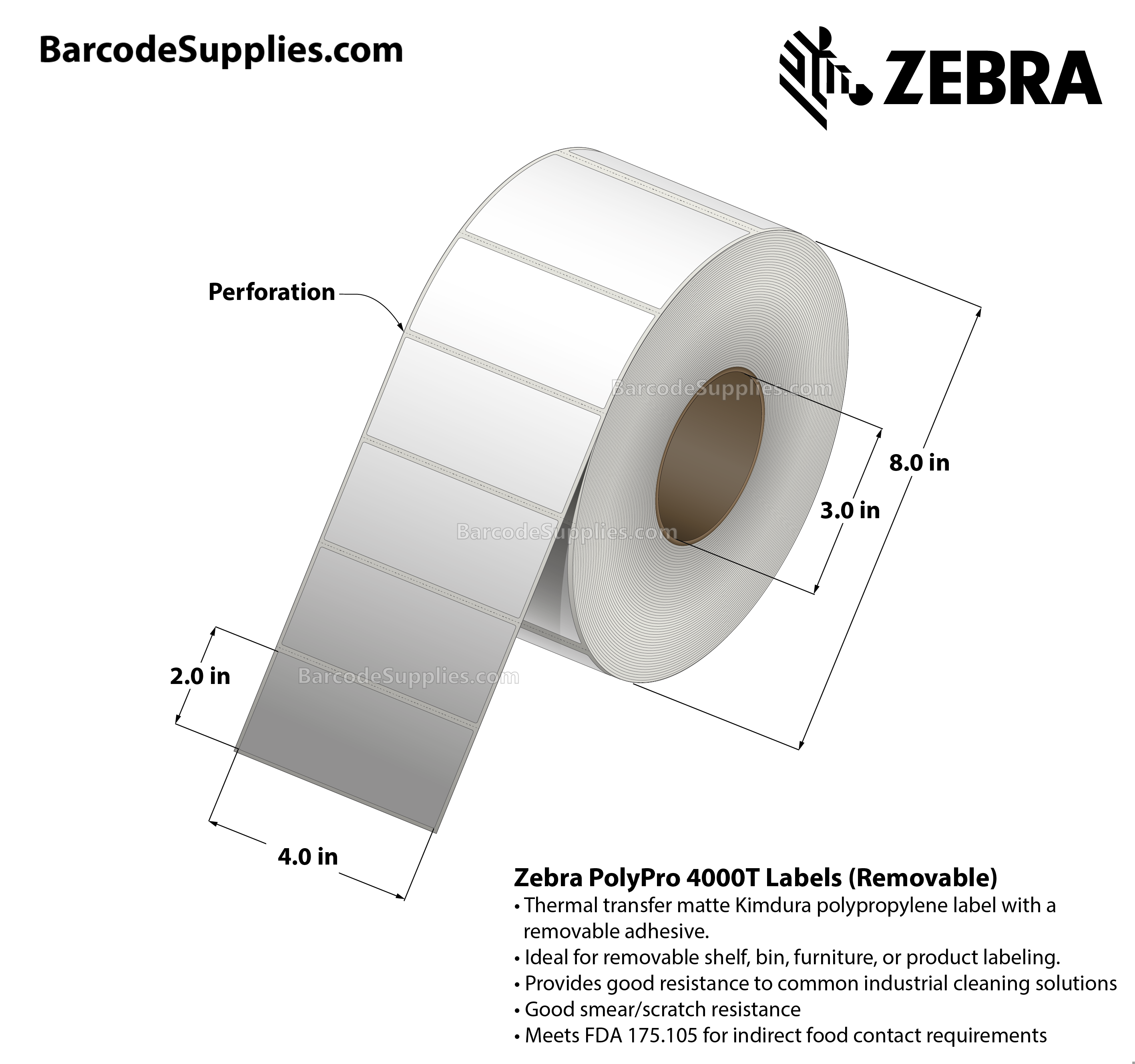 4 x 2 Thermal Transfer White PolyPro 4000T Removable Labels With Removable Adhesive - Perforated - 1000 Labels Per Roll - Carton Of 1 Rolls - 1000 Labels Total - MPN: 10022938