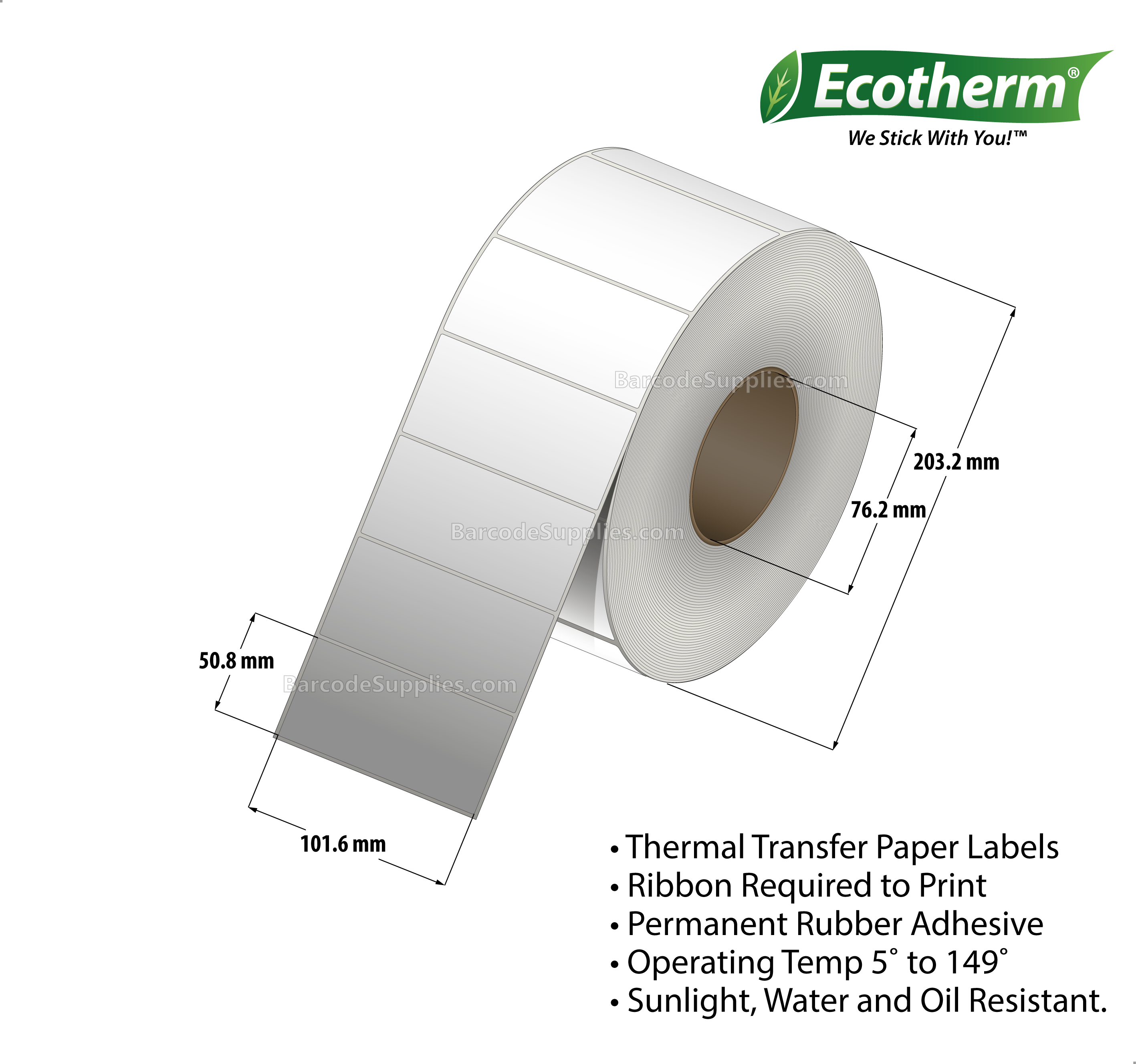 4 x 2 Thermal Transfer White Labels With Rubber Adhesive - No Perforation - 3000 Labels Per Roll - Carton Of 4 Rolls - 12000 Labels Total - MPN: TT8400200-3-4