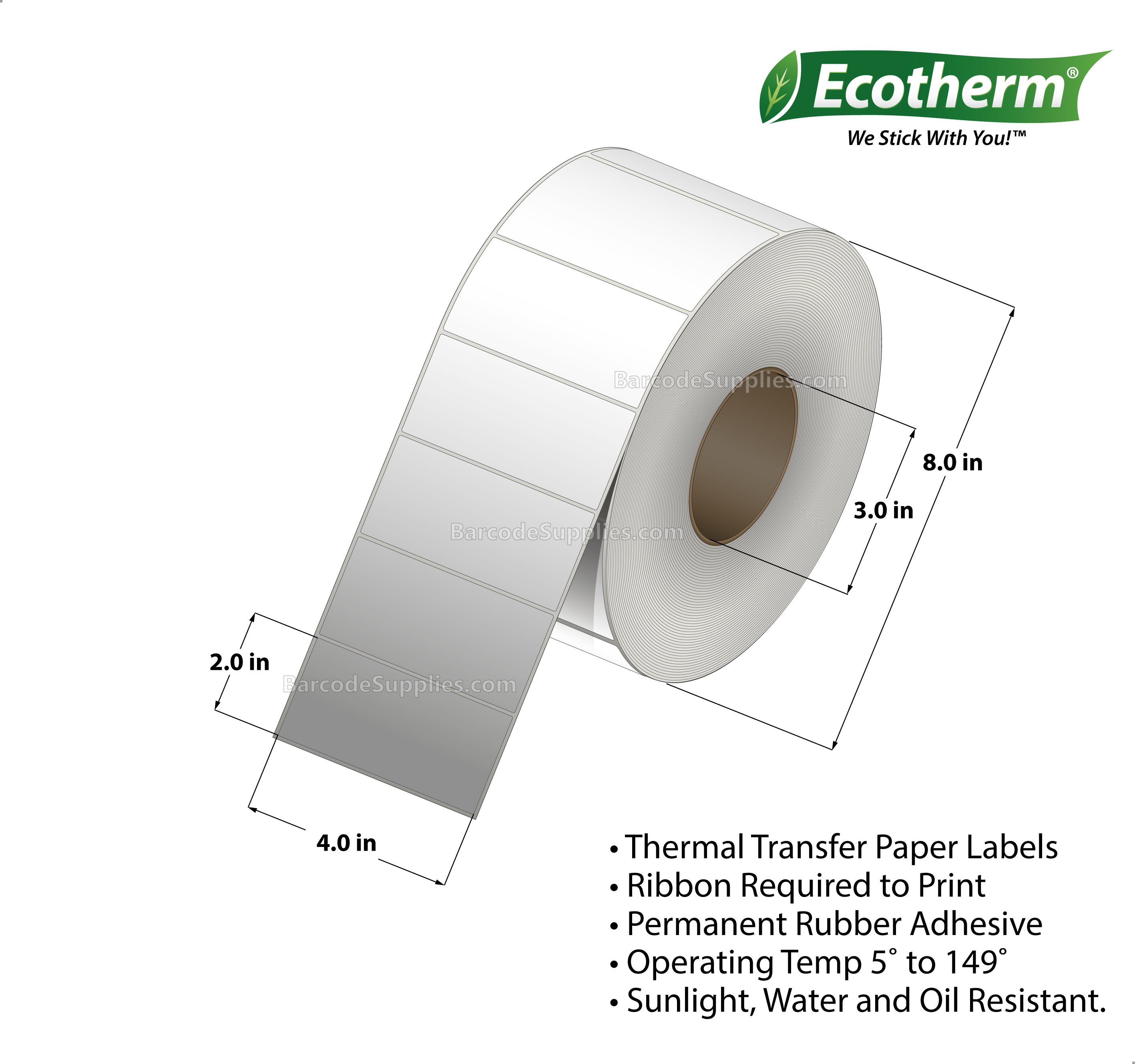 4 x 2 Thermal Transfer White Labels With Rubber Adhesive - No Perforation - 3000 Labels Per Roll - Carton Of 4 Rolls - 12000 Labels Total - MPN: TT8400200-3-4