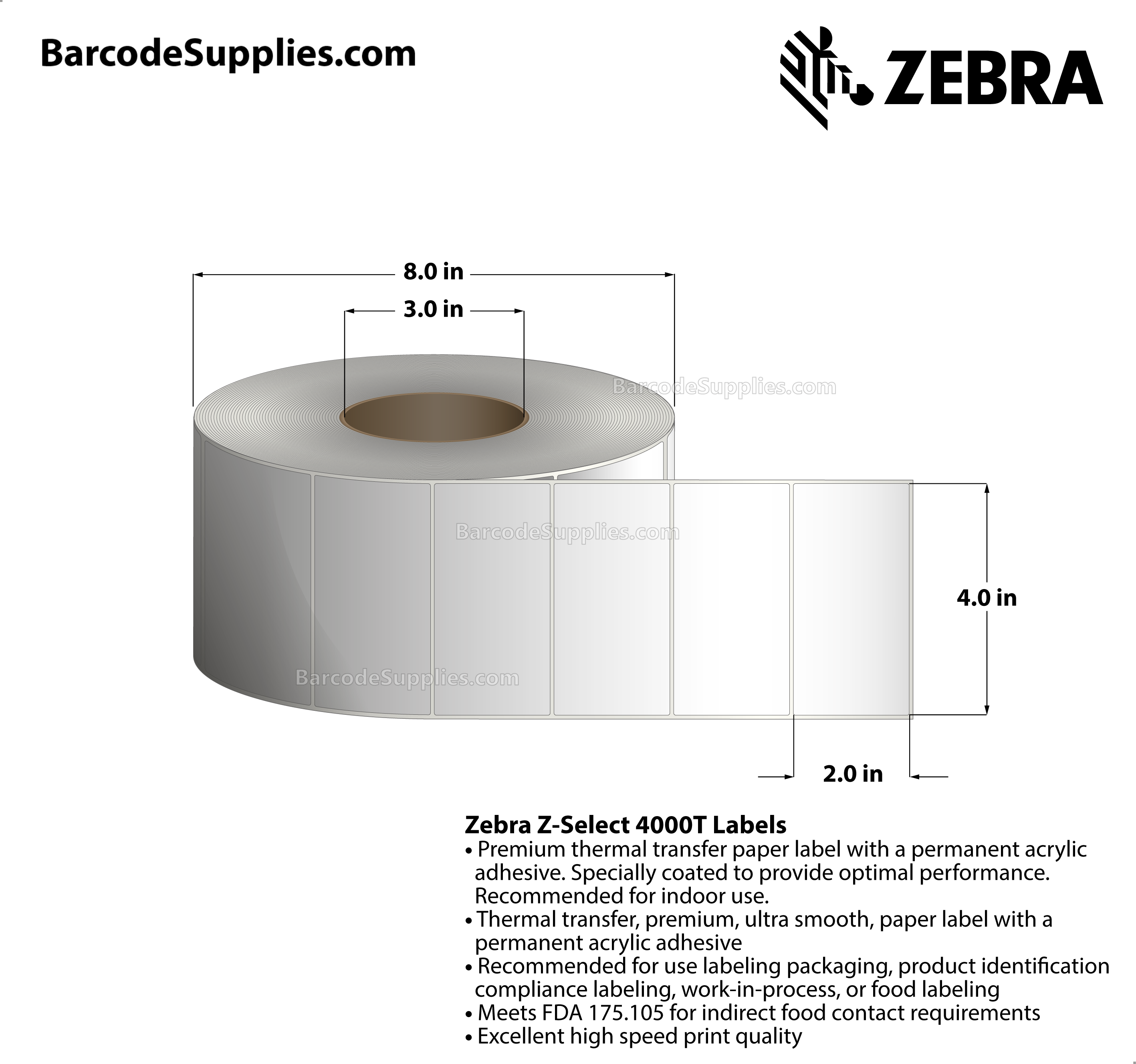 4 x 2 Thermal Transfer White Z-Select 4000T Labels With Permanent Adhesive - Not Perforated - 2740 Labels Per Roll - Carton Of 4 Rolls - 10960 Labels Total - MPN: 72289