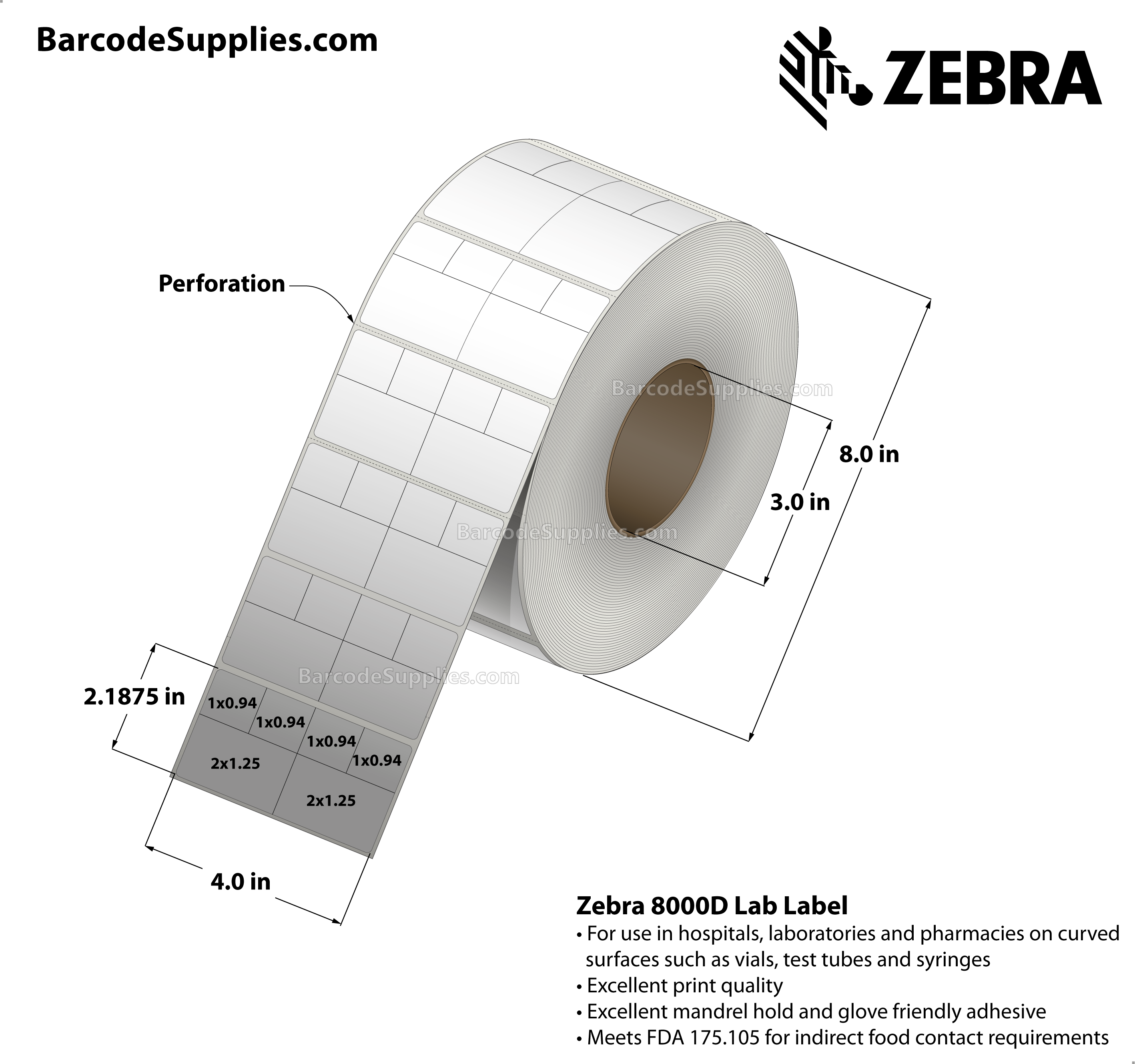 4 x 2.1875 Direct Thermal White 8000D Lab Labels With Permanent Adhesive - Slits through facestock create six labels: (4) 1x0.9375 labels and (2) 2x1.25 labels - Perforated - 2600 Labels Per Roll - Carton Of 2 Rolls - 5200 Labels Total - MPN: 10025474