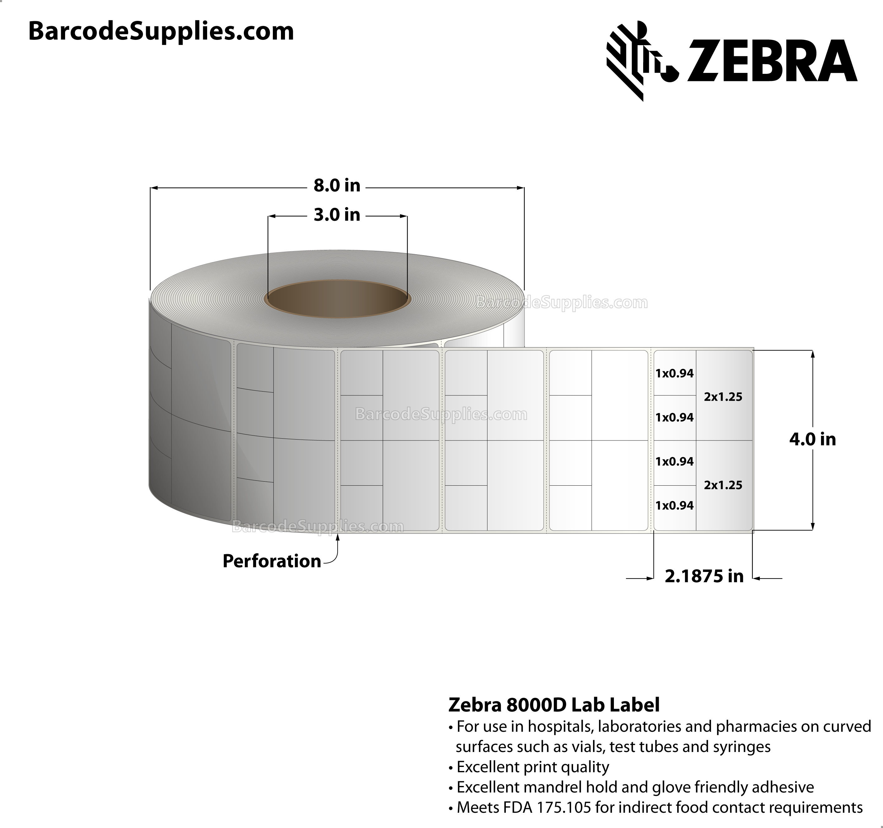 4 x 2.1875 Direct Thermal White 8000D Lab Labels With Permanent Adhesive - Slits through facestock create six labels: (4) 1x0.9375 labels and (2) 2x1.25 labels - Perforated - 2600 Labels Per Roll - Carton Of 2 Rolls - 5200 Labels Total - MPN: 10025474