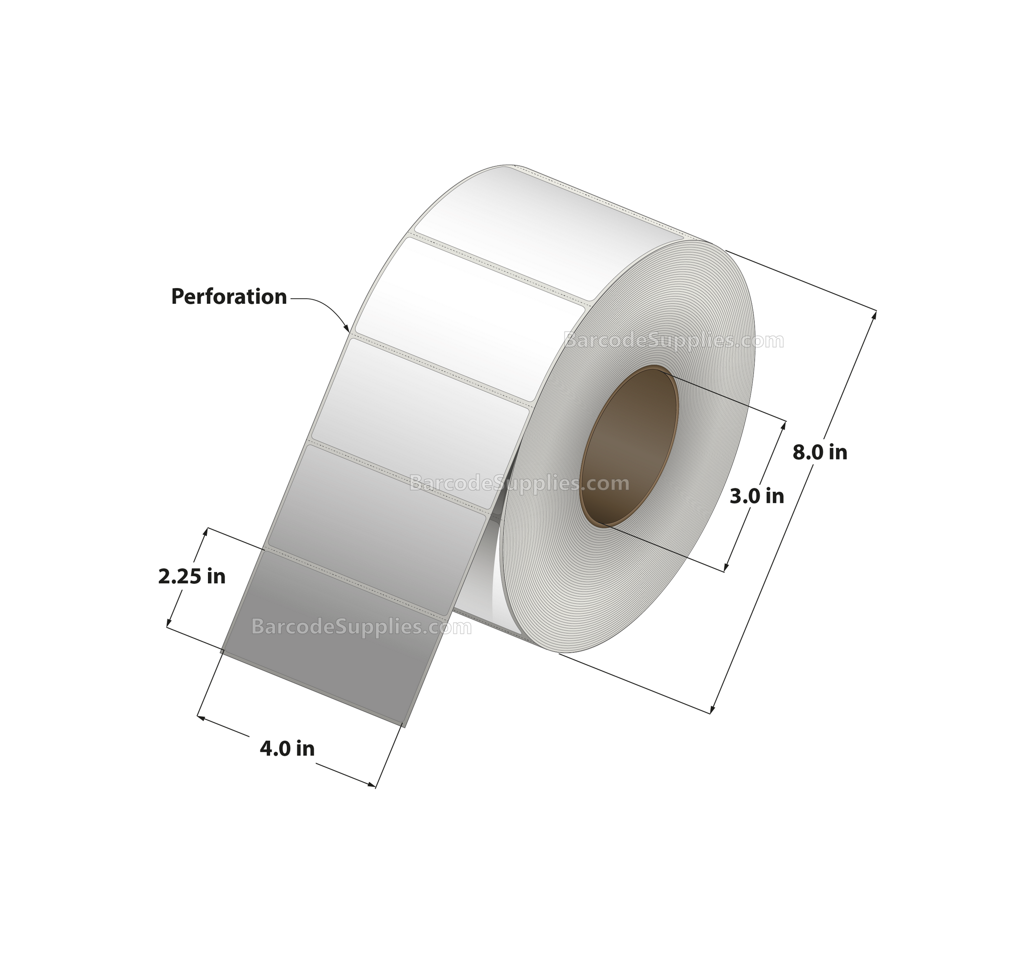 4 x 2.25 Thermal Transfer White Labels With Permanent Adhesive - Perforated - 2575 Labels Per Roll - Carton Of 4 Rolls - 10300 Labels Total - MPN: RT-4-225-2575-3
