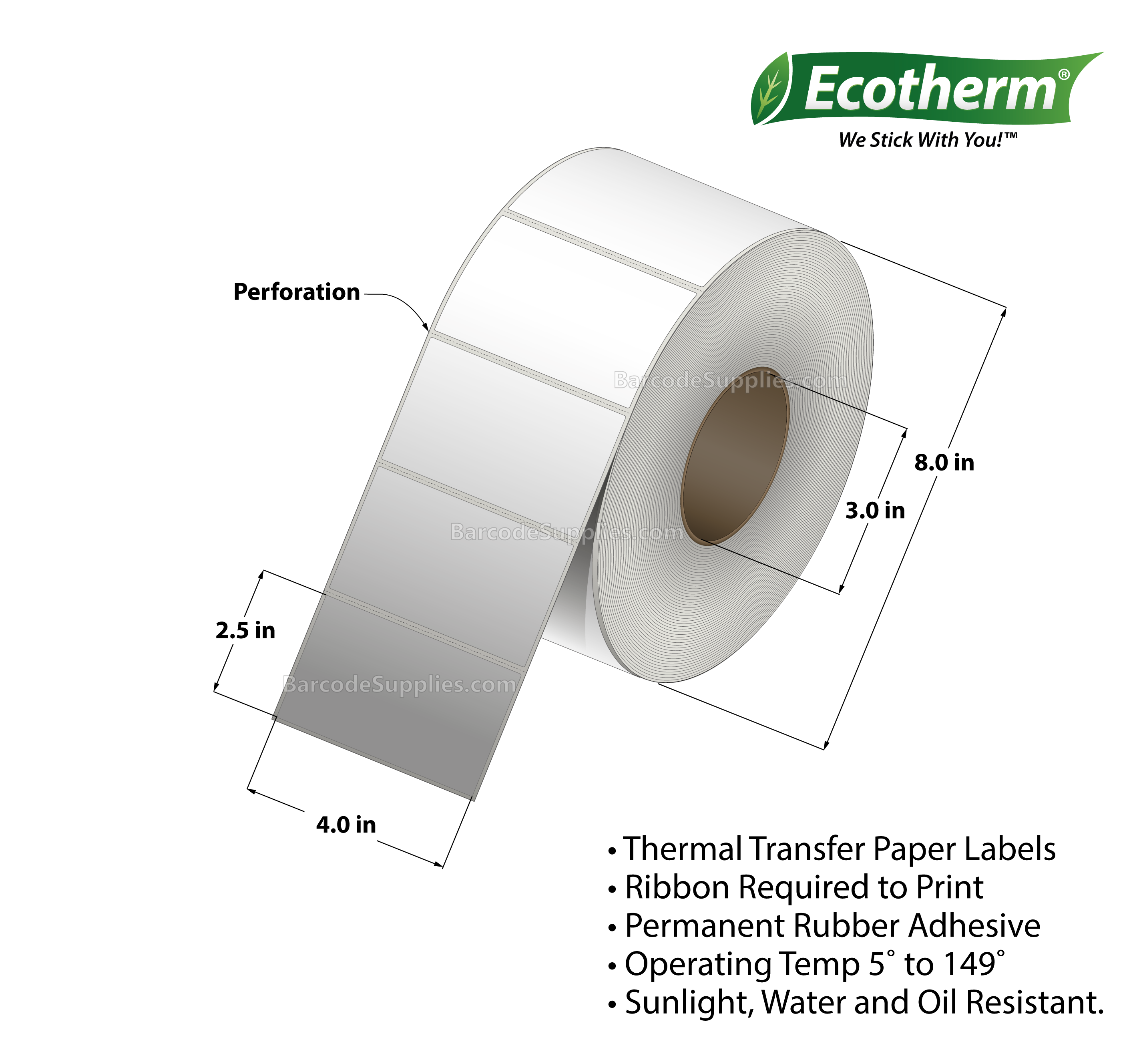 4 x 2.5 Thermal Transfer White Labels With Rubber Adhesive - Perforated - 2500 Labels Per Roll - Carton Of 4 Rolls - 10000 Labels Total - MPN: ECOTHERM28138-4