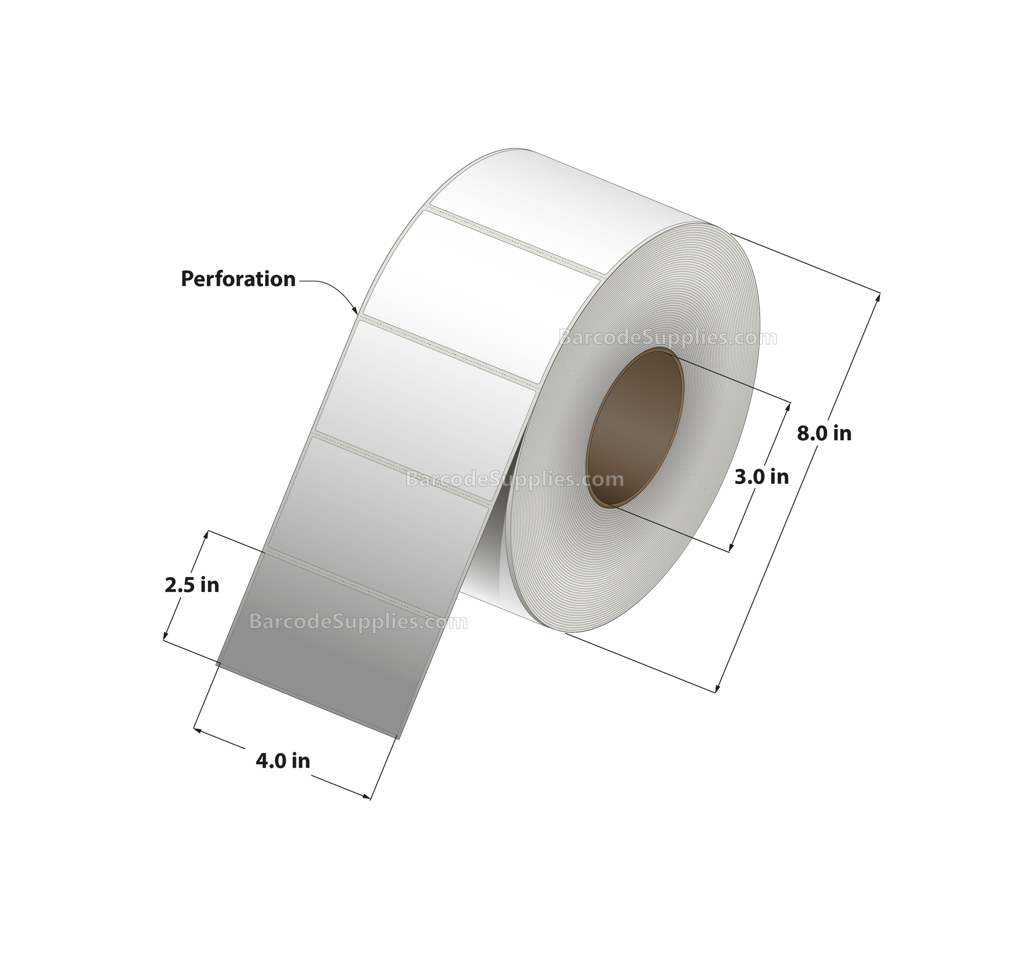 4 x 2.5 Direct Thermal White Labels With Acrylic Adhesive - Perforated - 2500 Labels Per Roll - Carton Of 4 Rolls - 10000 Labels Total - MPN: RD-4-25-2500-3 - BarcodeSource, Inc.