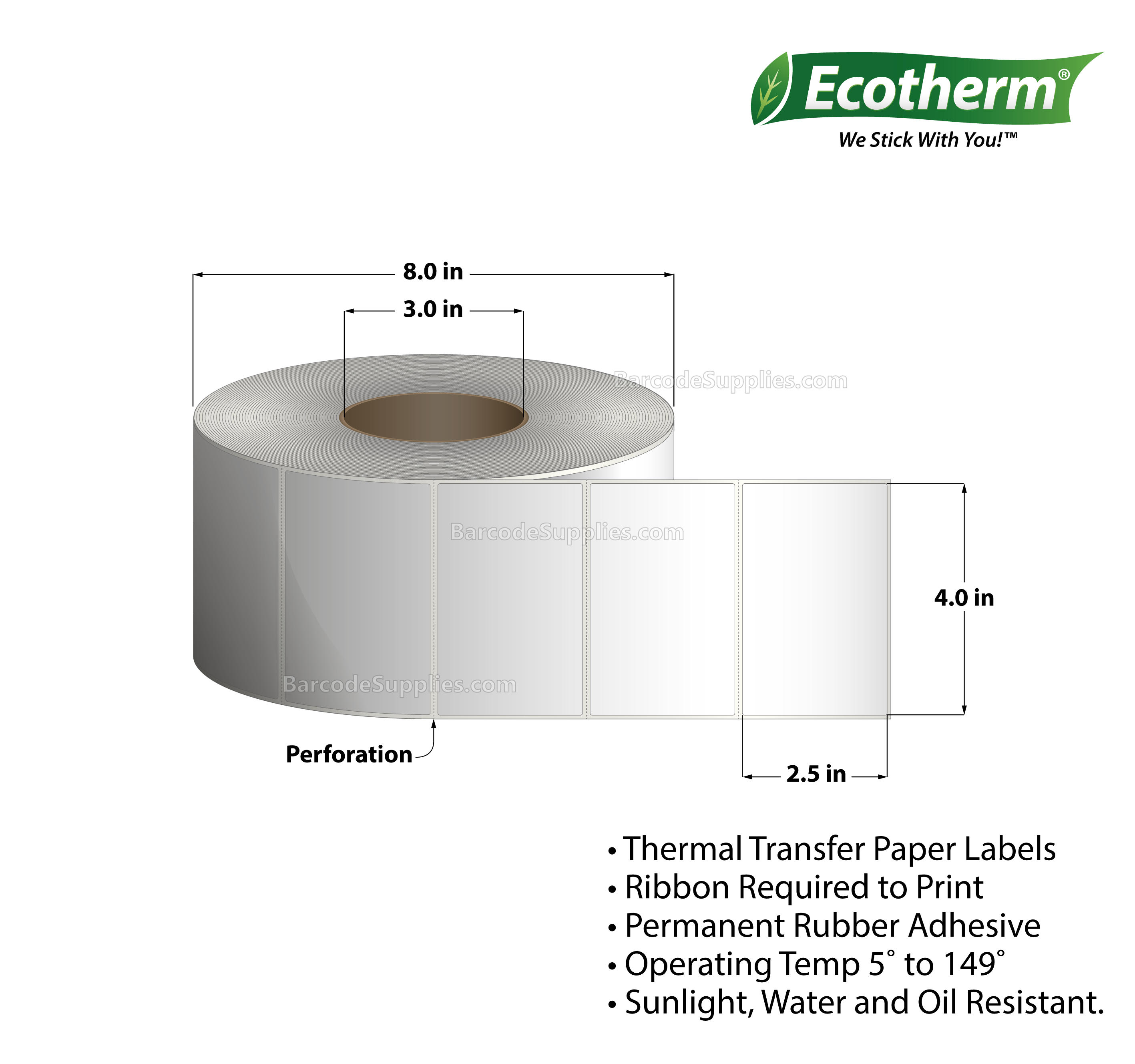 4 x 2.5 Thermal Transfer White Labels With Rubber Adhesive - Perforated - 2500 Labels Per Roll - Carton Of 4 Rolls - 10000 Labels Total - MPN: ECOTHERM28138-4