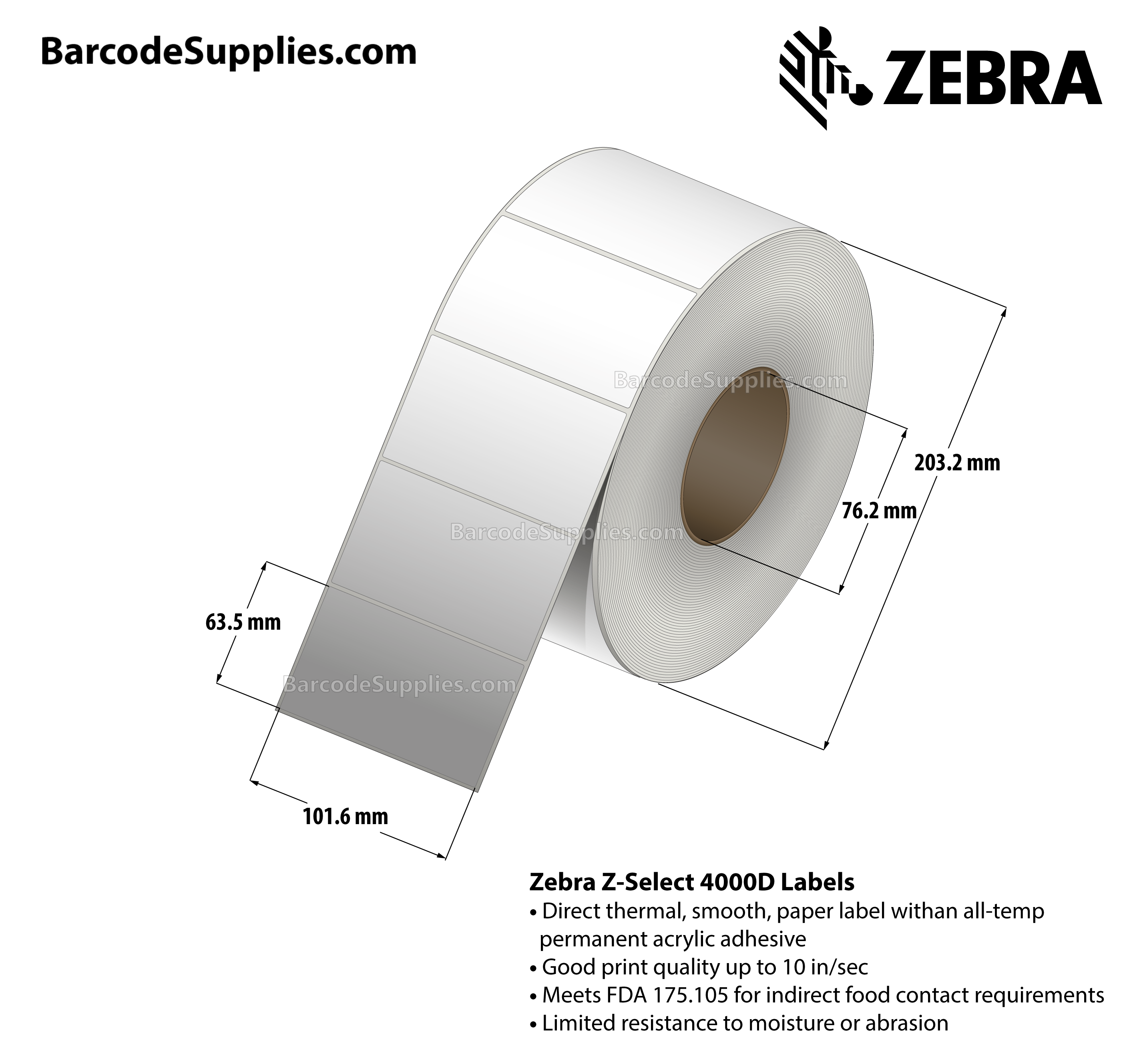 4 x 2.5 Direct Thermal White Z-Select 4000D Labels With All-Temp Adhesive - Not Perforated - 2220 Labels Per Roll - Carton Of 4 Rolls - 8880 Labels Total - MPN: 72344