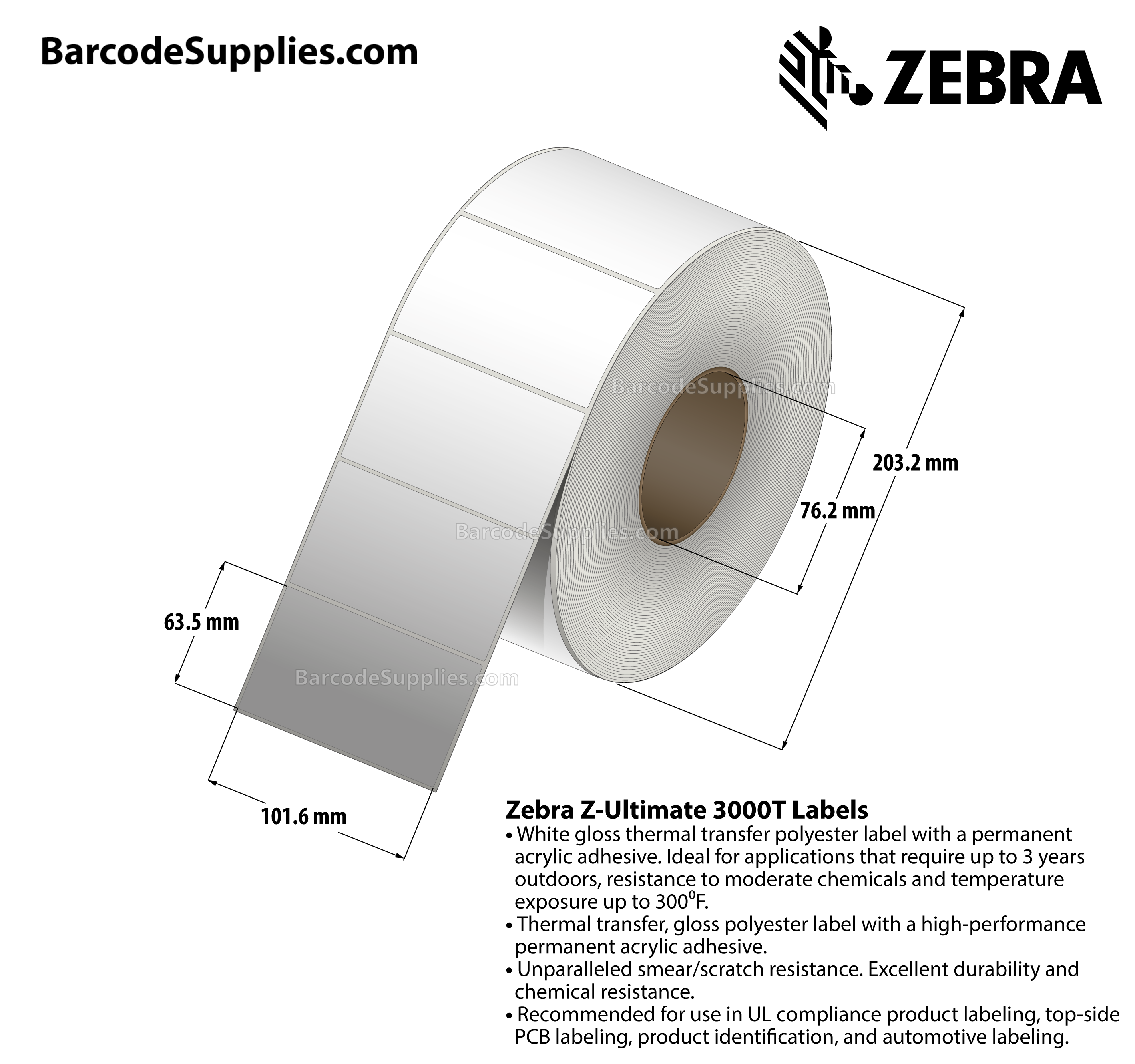 4 x 2.5 Thermal Transfer White Z-Ultimate 3000T Labels With Permanent Adhesive - Not Perforated - 2240 Labels Per Roll - Carton Of 4 Rolls - 8960 Labels Total - MPN: 65816