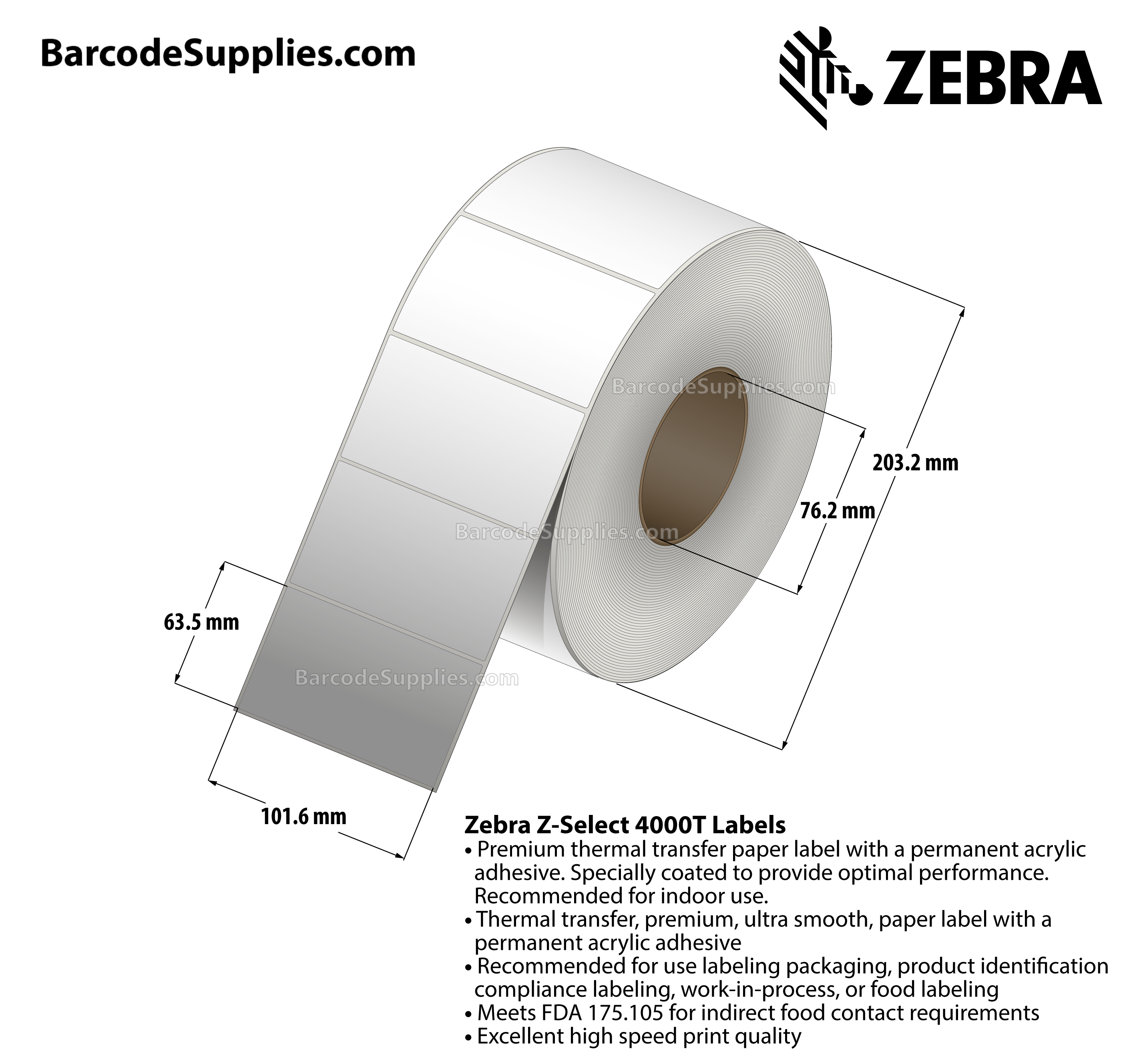 4 x 2.5 Thermal Transfer White Z-Select 4000T Labels With Permanent Adhesive - Not Perforated - 2220 Labels Per Roll - Carton Of 4 Rolls - 8880 Labels Total - MPN: 72290