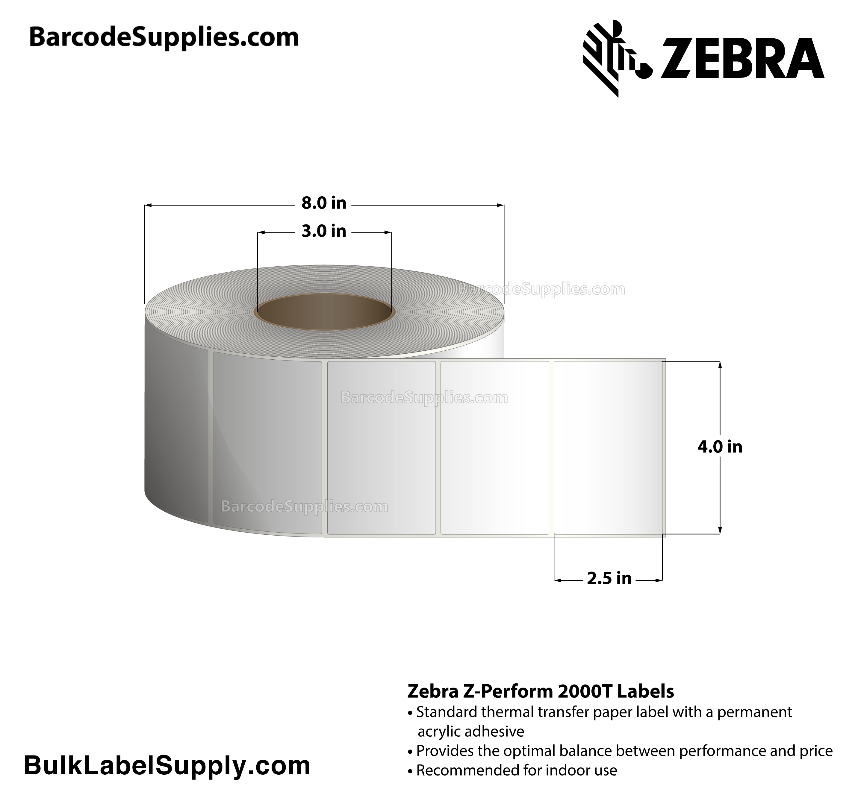 4 x 2.5 Thermal Transfer White Z-Perform 2000T All-Temp Labels With All-Temp Adhesive - Not Perforated - 2220 Labels Per Roll - Carton Of 4 Rolls - 8880 Labels Total - MPN: 72374