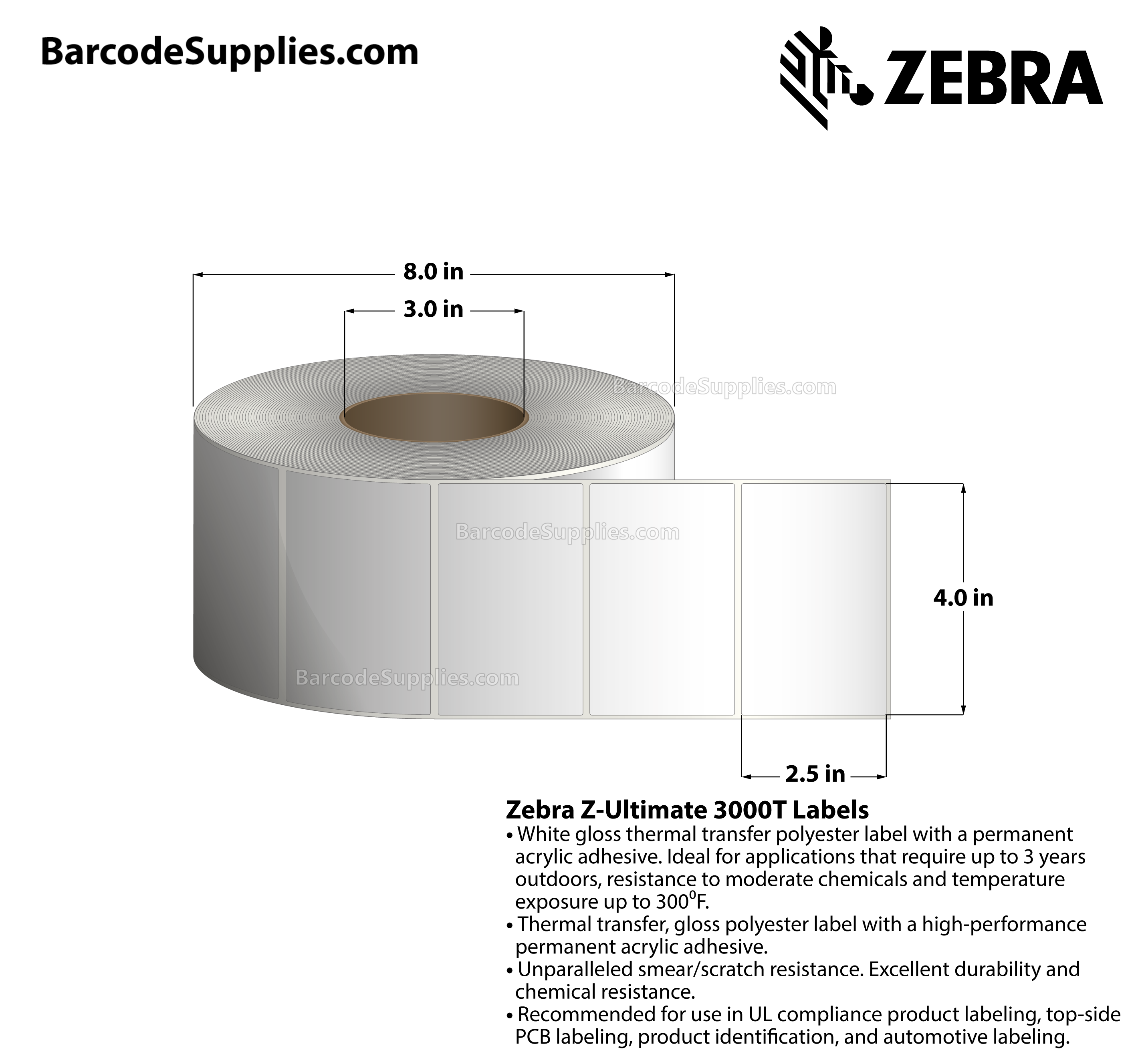 4 x 2.5 Thermal Transfer White Z-Ultimate 3000T Labels With Permanent Adhesive - Not Perforated - 2240 Labels Per Roll - Carton Of 4 Rolls - 8960 Labels Total - MPN: 65816