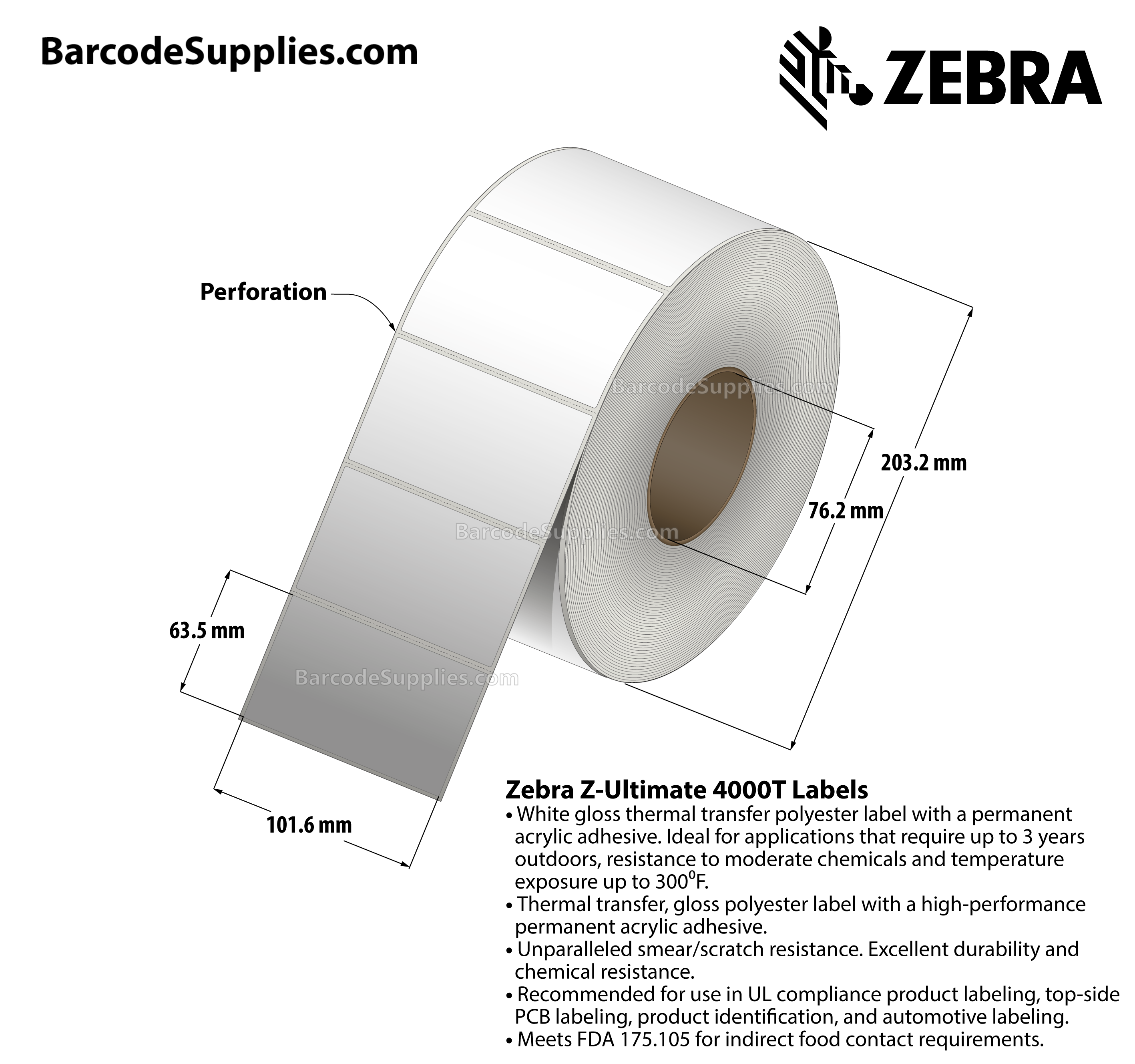 4 x 2.5 Thermal Transfer White Z-Ultimate 4000T Labels With Permanent Adhesive - Perforated - 2240 Labels Per Roll - Carton Of 4 Rolls - 8960 Labels Total - MPN: 10002627