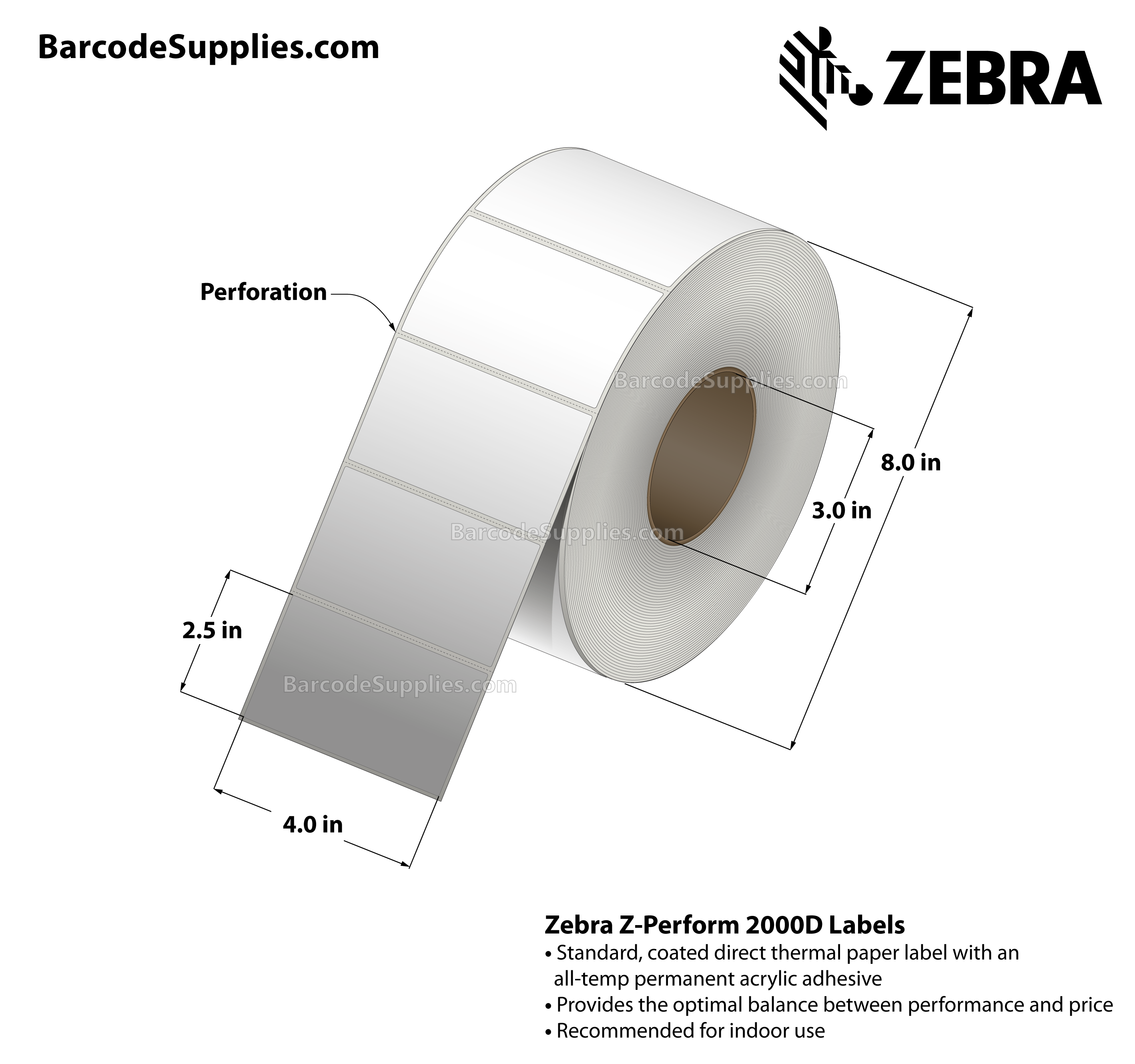 4 x 2.5 Direct Thermal White Z-Perform 2000D Labels With All-Temp Adhesive - Perforated - 2280 Labels Per Roll - Carton Of 4 Rolls - 9120 Labels Total - MPN: 10000294