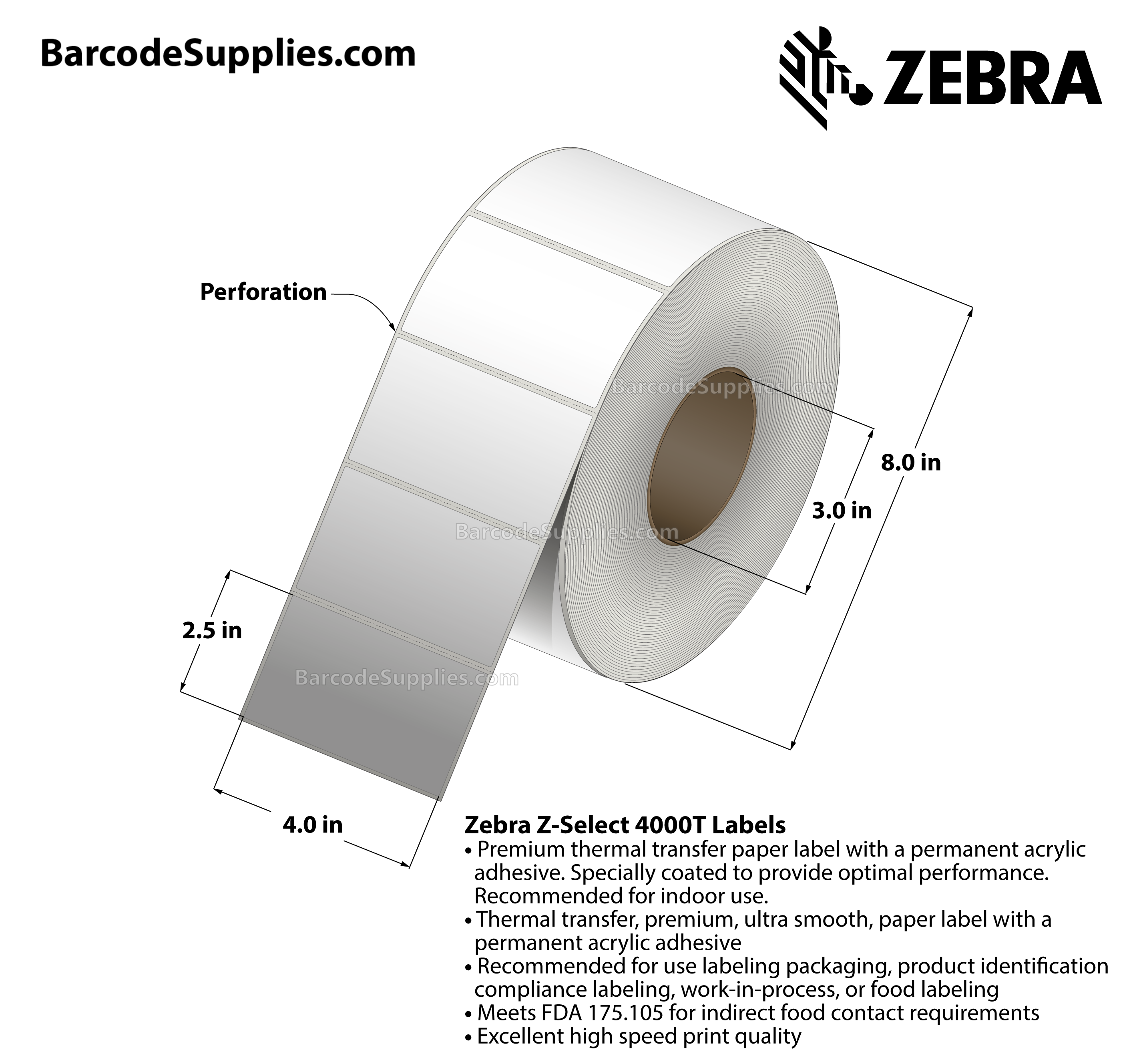 4 x 2.5 Thermal Transfer White Z-Select 4000T Labels With Permanent Adhesive - Perforated - 2130 Labels Per Roll - Carton Of 4 Rolls - 8520 Labels Total - MPN: 94681