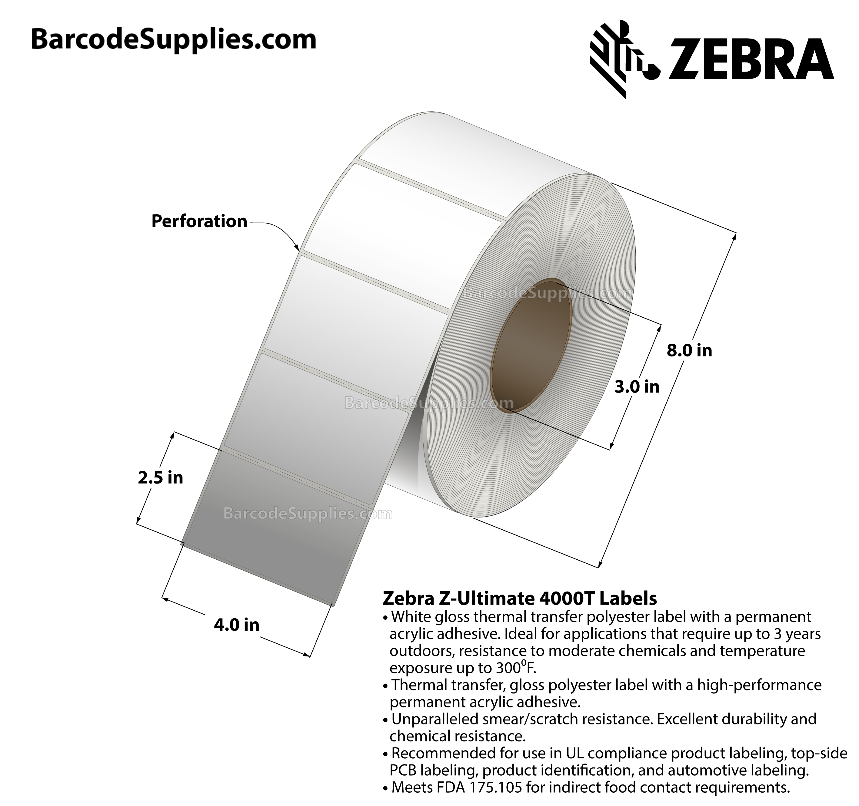 4 x 2.5 Thermal Transfer White Z-Ultimate 4000T Labels With Permanent Adhesive - Perforated - 2240 Labels Per Roll - Carton Of 4 Rolls - 8960 Labels Total - MPN: 10002627