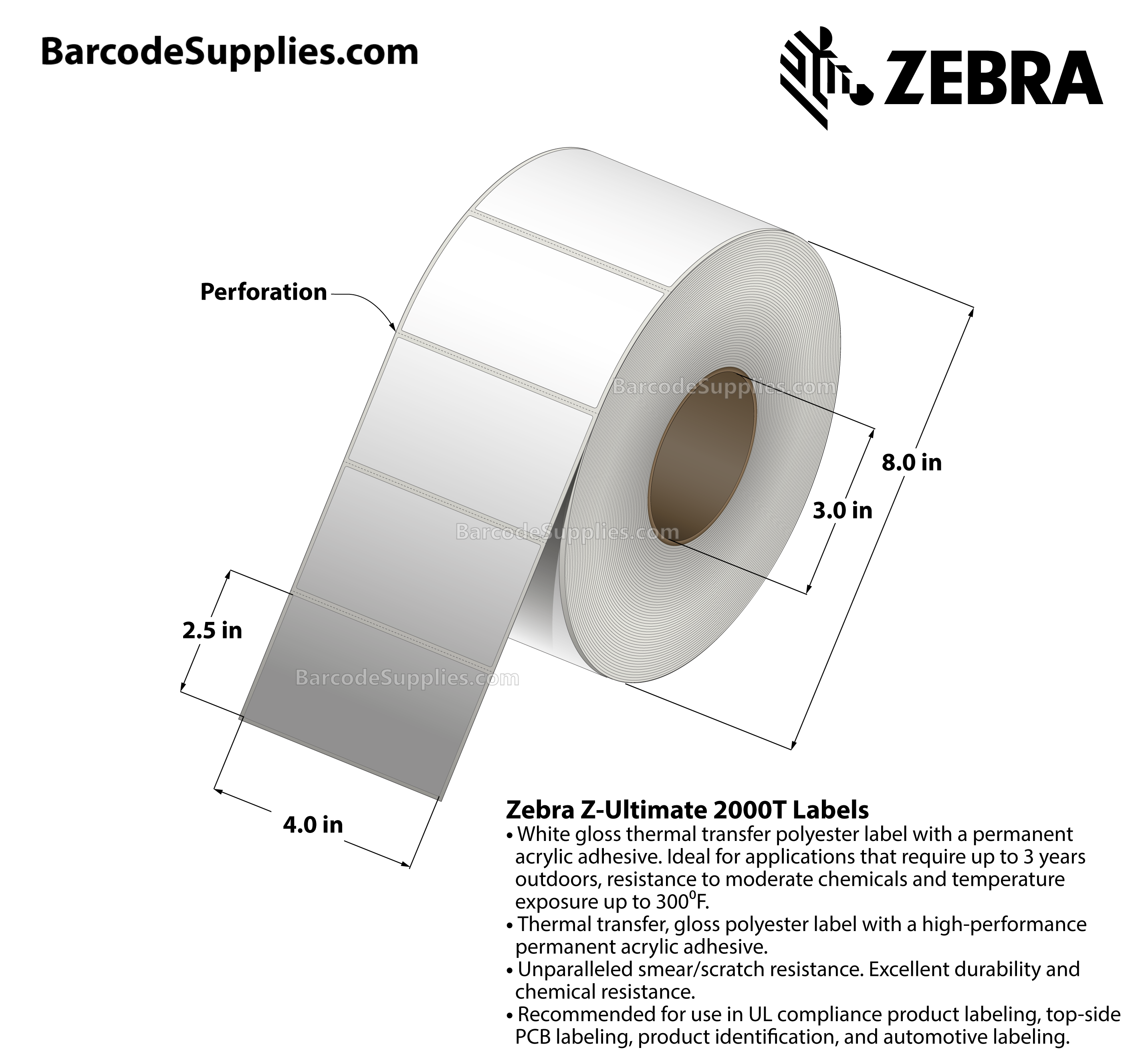 4 x 2.5 Thermal Transfer White Z-Ultimate 2000T Labels With Permanent Adhesive - Perforated - 2240 Labels Per Roll - Carton Of 4 Rolls - 8960 Labels Total - MPN: 10008516