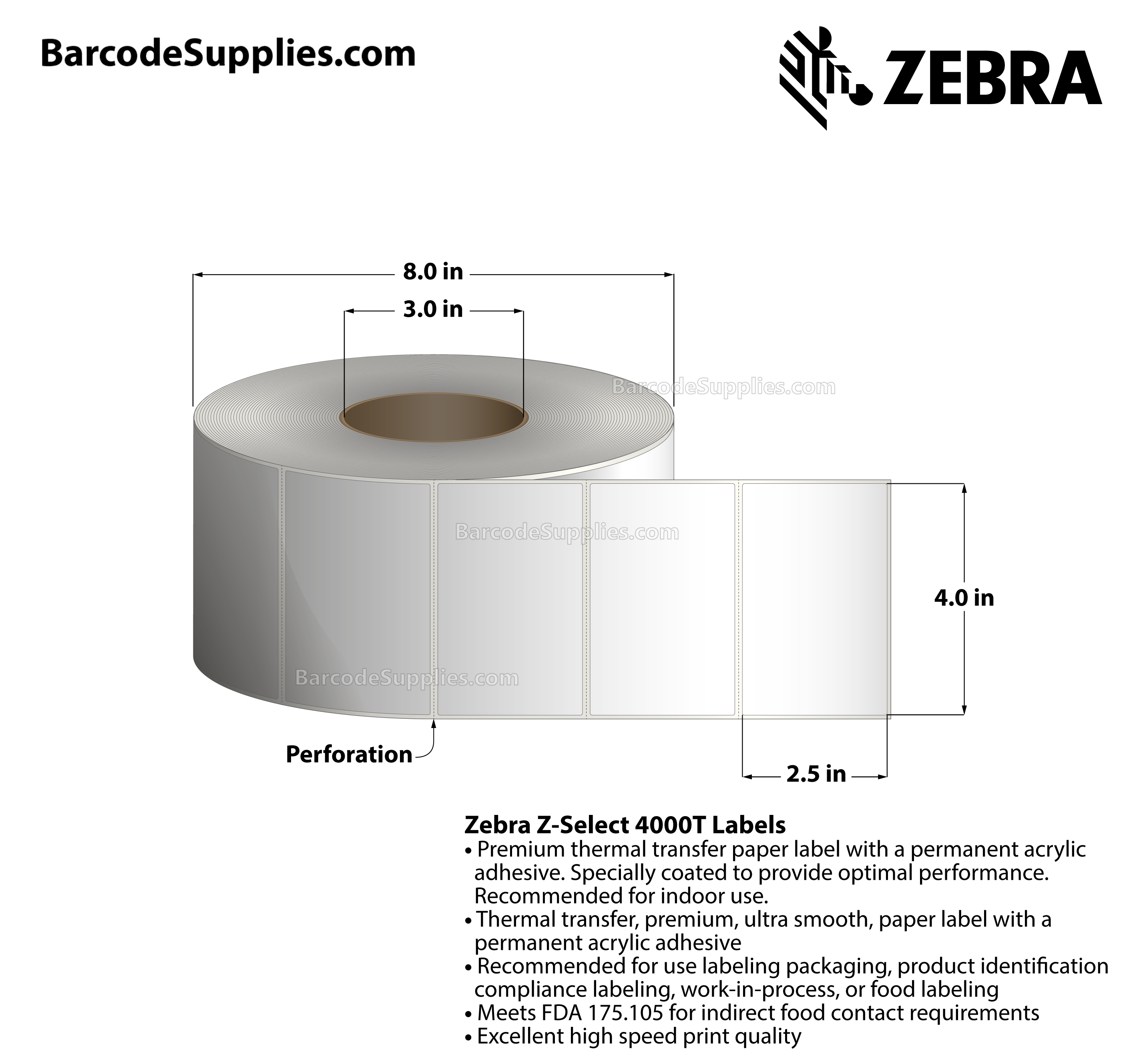 4 x 2.5 Thermal Transfer White Z-Select 4000T Labels With Permanent Adhesive - Perforated - 2130 Labels Per Roll - Carton Of 4 Rolls - 8520 Labels Total - MPN: 94681