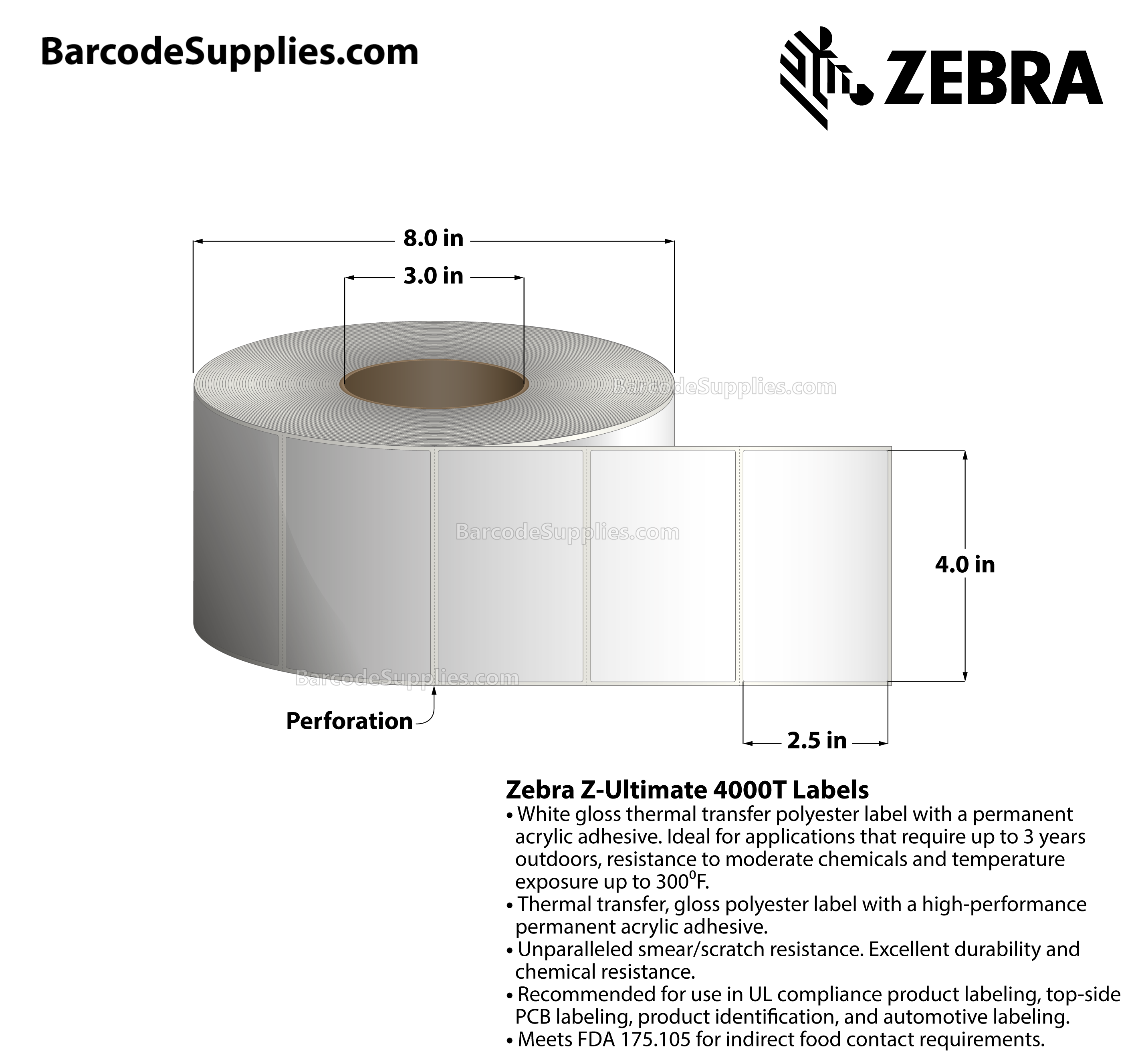 4 x 2.5 Thermal Transfer White Z-Ultimate 4000T Labels With Permanent Adhesive - Perforated - 2240 Labels Per Roll - Carton Of 4 Rolls - 8960 Labels Total - MPN: 10002627